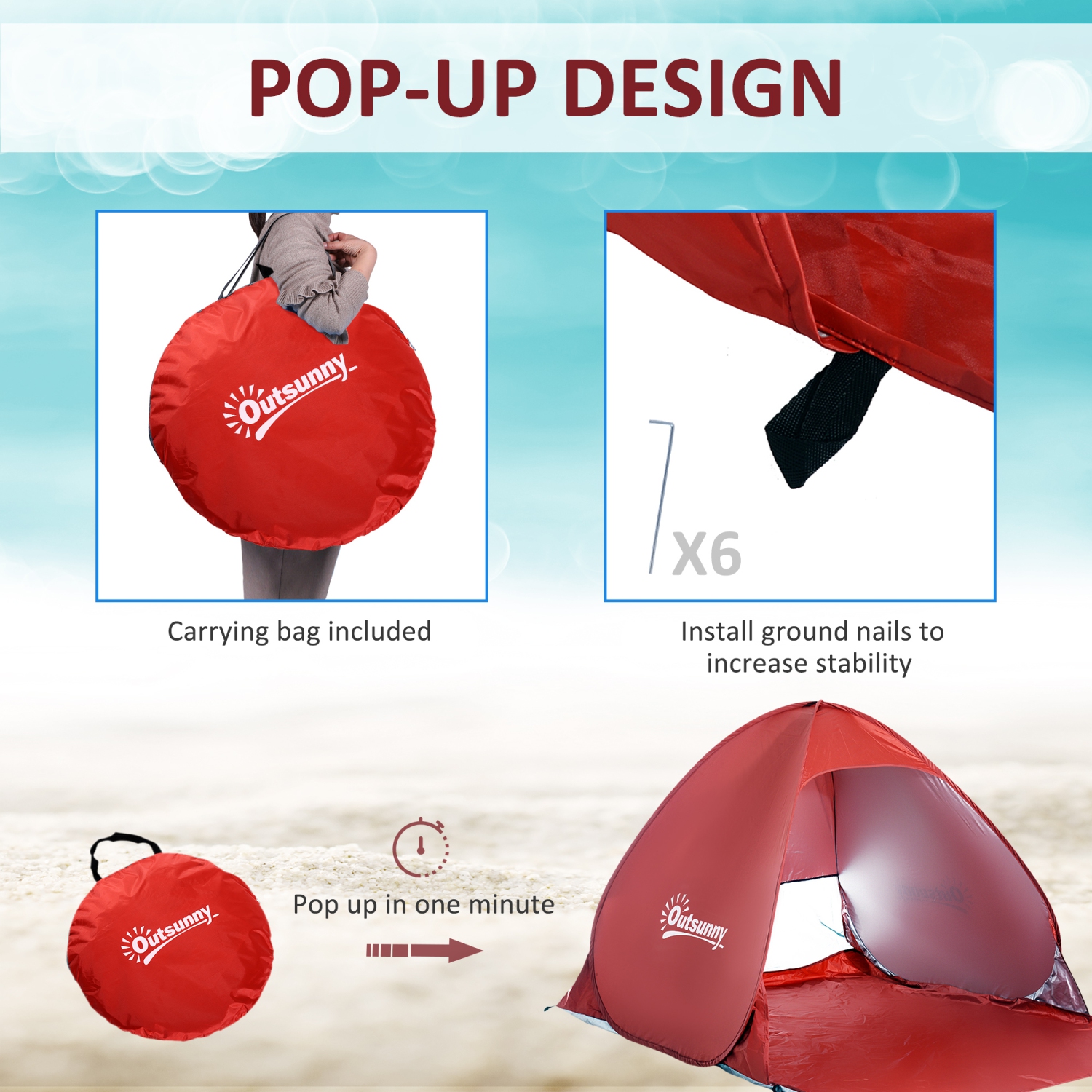 Tente de plage portative Outsunny Pop Up, abri solaire, protection UV, étui  de transport et piquets rouges
