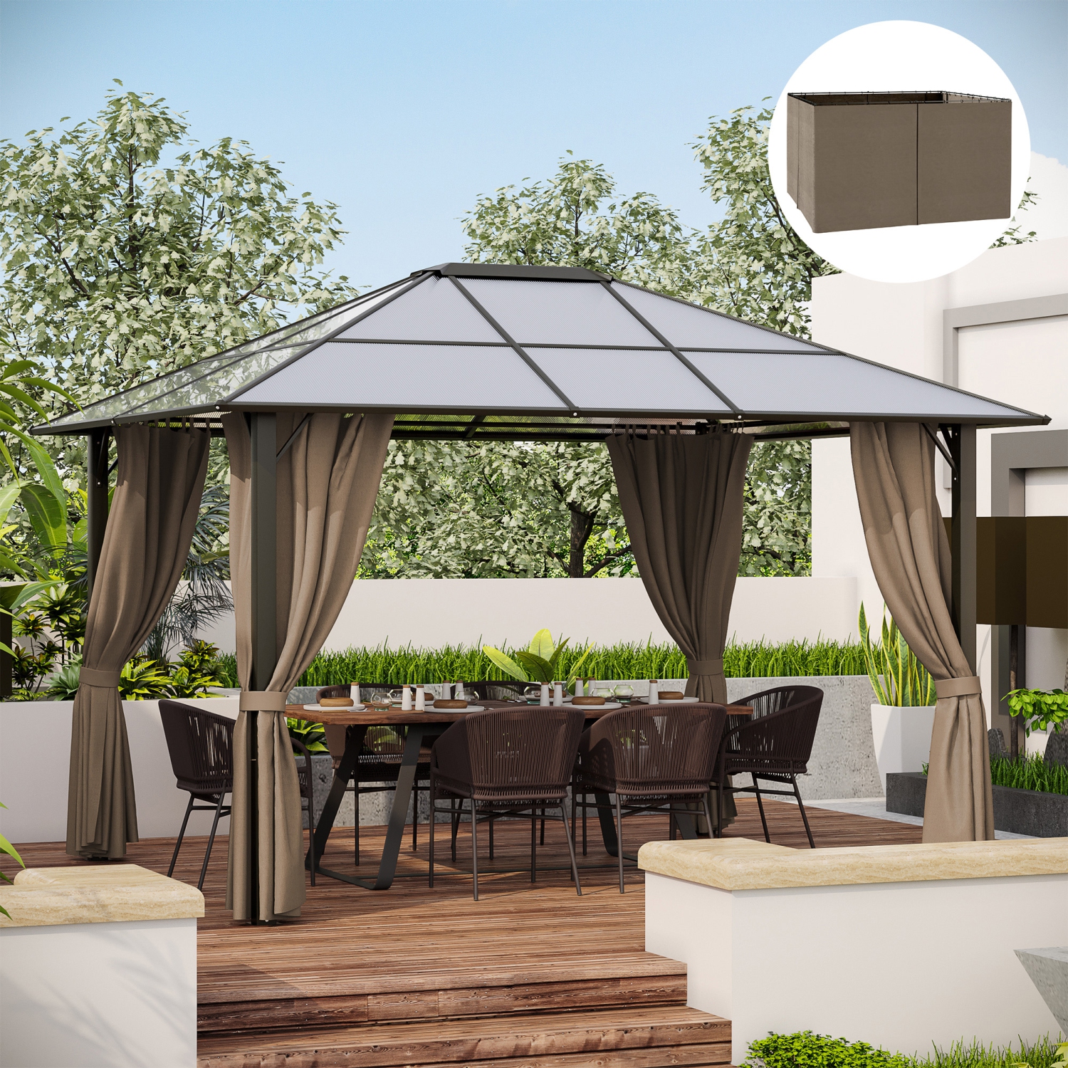 Outsunny 10' x 12' Universal Gazebo Sidewall Set with 4 Panels, Hooks/C-Rings Included for Pergolas & Cabanas, Brown