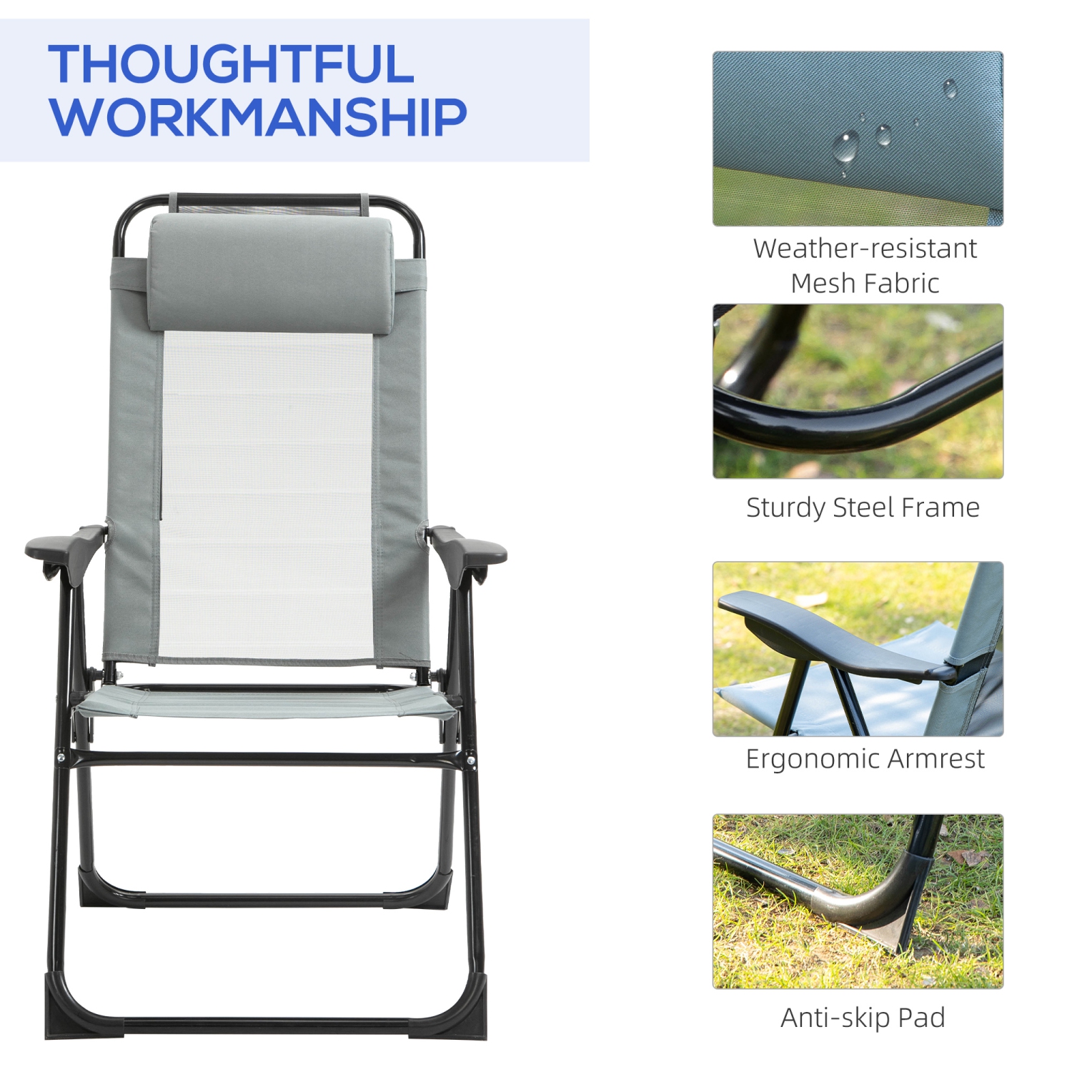 Outsunny Set of 4 Camping Chairs, Outdoor Folding Lounge Chair Set with 5 Level Adjustable Backrest, Removable Headrest, Armrest for Camping,