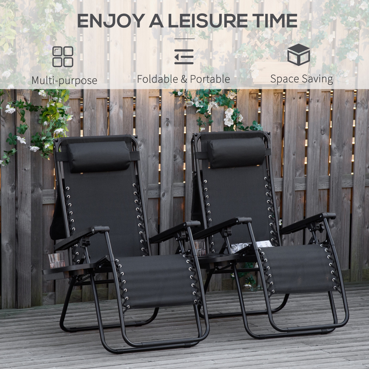 Outsunny 2 piece Chaise Zero Gravity Chaise longue de patio réglable avec siège inclinable avec porte-gobelet et abat-jour