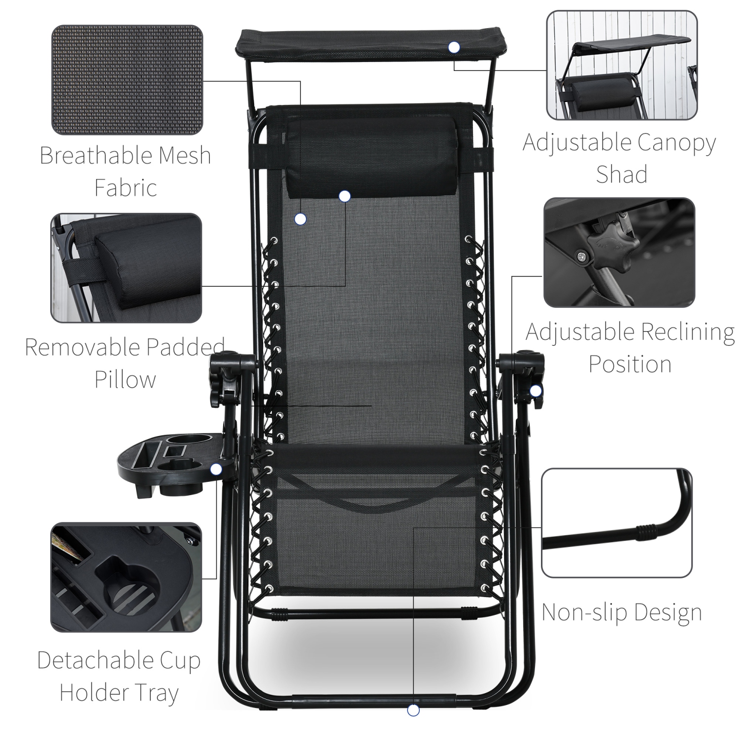 Outsunny 2 piece Chaise Zero Gravity Chaise longue de patio réglable avec siège inclinable avec porte-gobelet et abat-jour