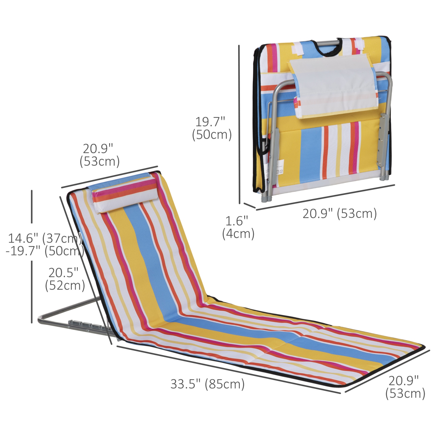 Ensemble de 2 chaises longues Outsunny, tapis de plage pliable avec dossier réglable, cadre en acier, coussin pour la tête et sac de transport pour