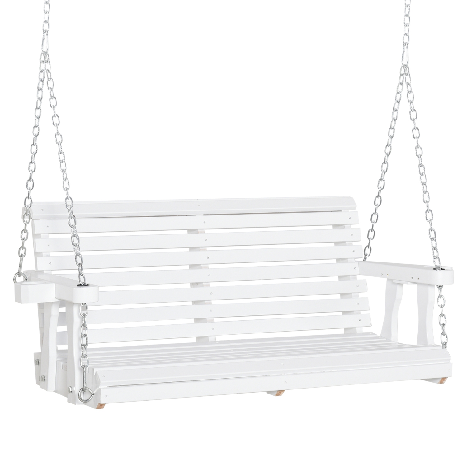 Outsunny 2 Seater Porch Swing Wooden Patio Swing Chair Seat with Cup Holder and Chains Outdoor Swing Bench for Garden Yard, White