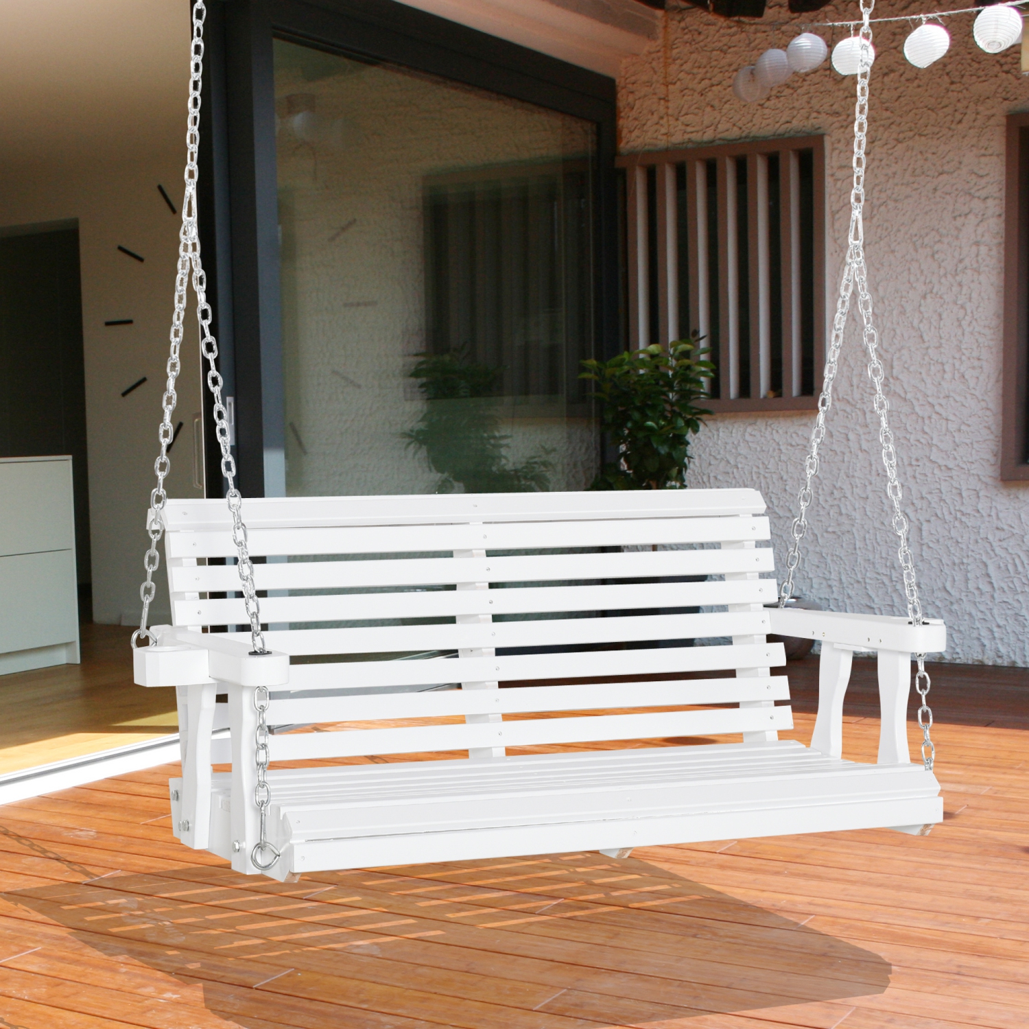 Outsunny 2 Seater Porch Swing Wooden Patio Swing Chair Seat with Cup Holder and Chains Outdoor Swing Bench for Garden Yard, White
