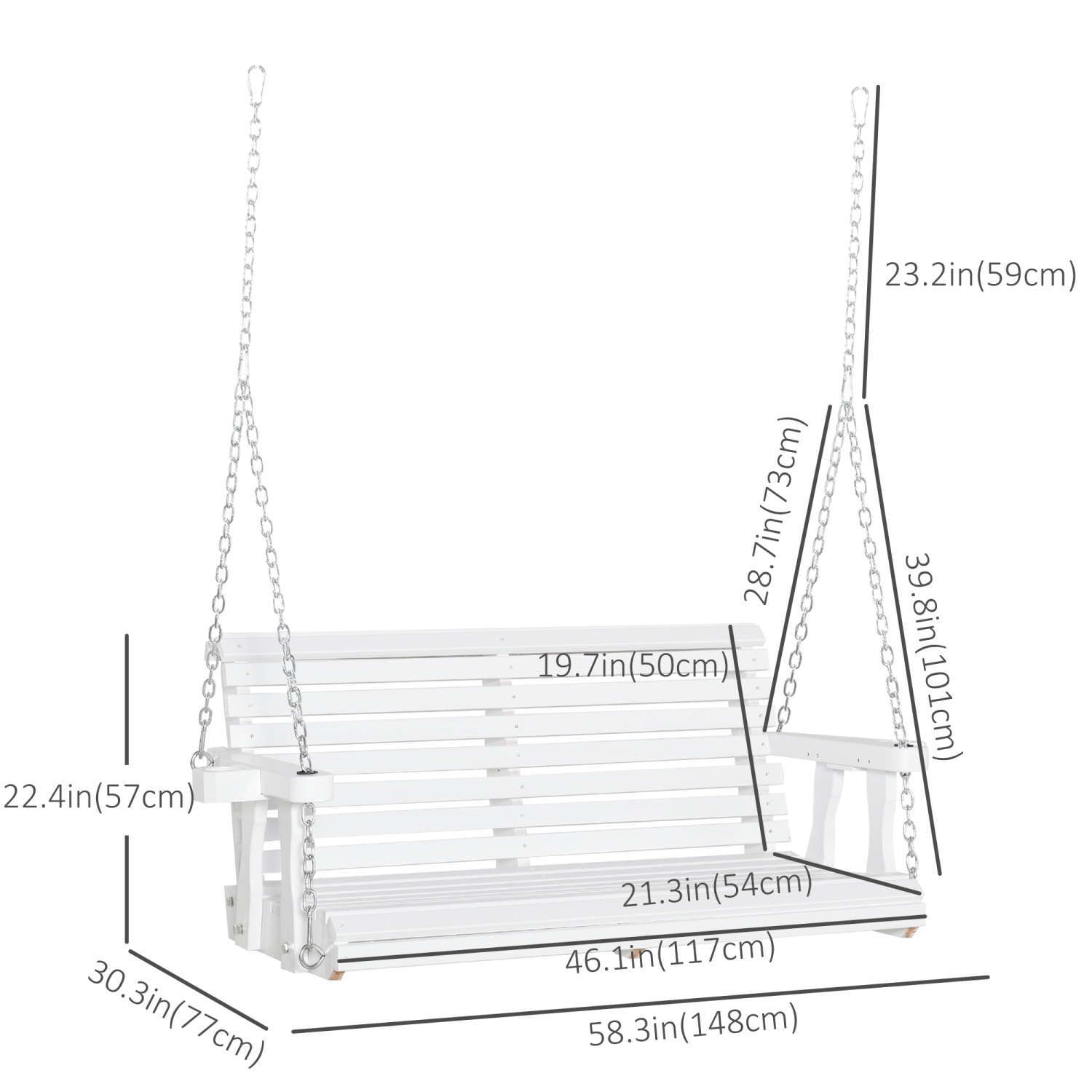 Outsunny 2 Seater Porch Swing Wooden Patio Swing Chair Seat with Cup Holder and Chains Outdoor Swing Bench for Garden Yard, White