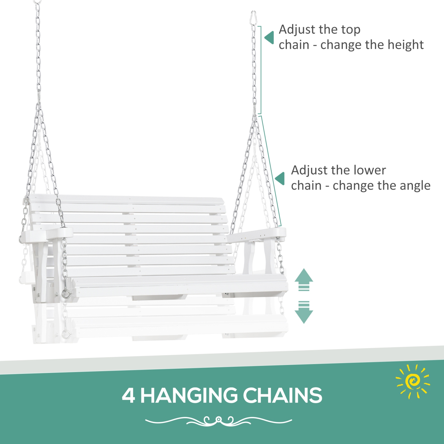 Outsunny 2 Seater Porch Swing Wooden Patio Swing Chair Seat with Cup Holder and Chains Outdoor Swing Bench for Garden Yard, White