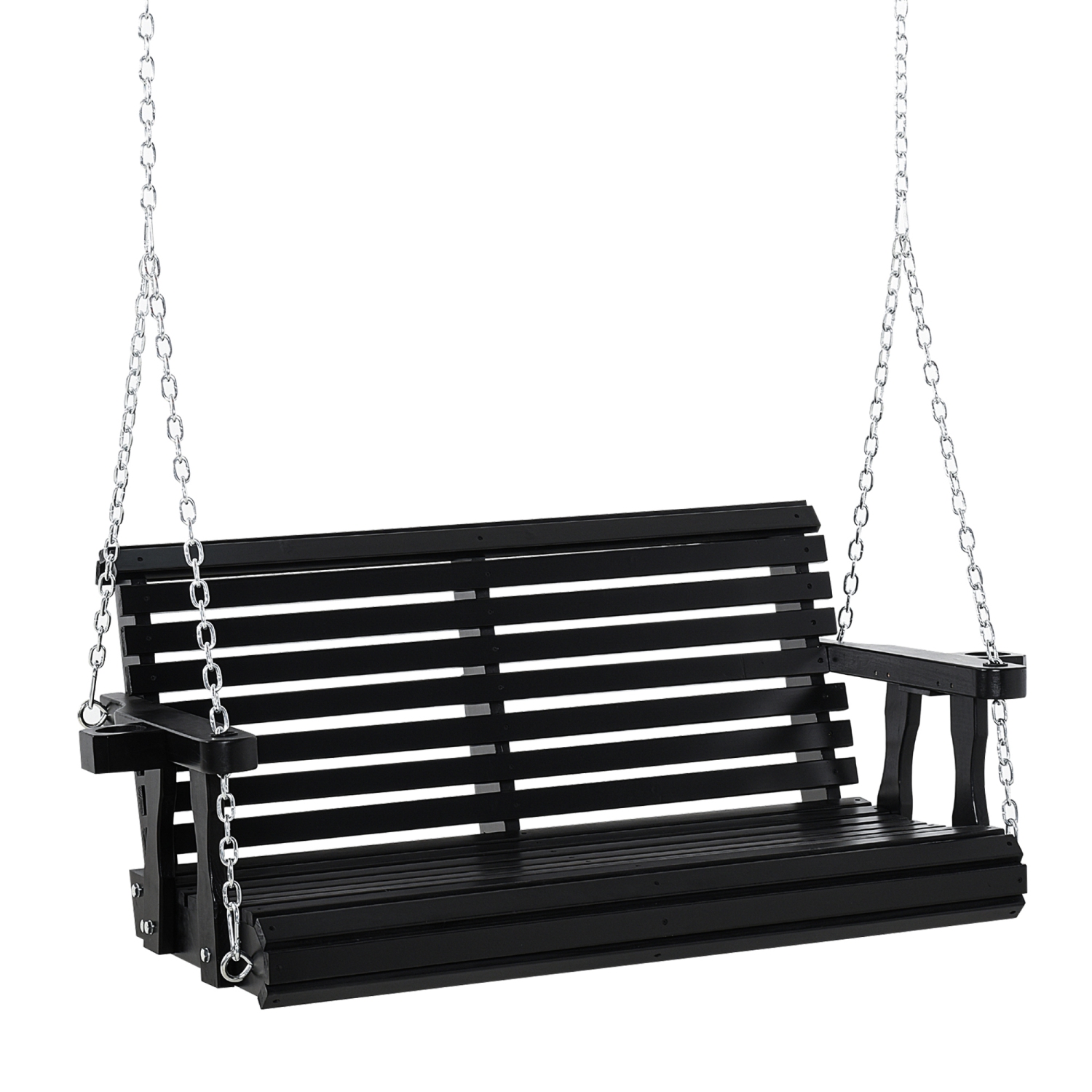 Outsunny 2 Seater Porch Swing Wooden Patio Swing Chair Seat with Cup Holder and Chains Outdoor Swing Bench for Garden Yard, Black