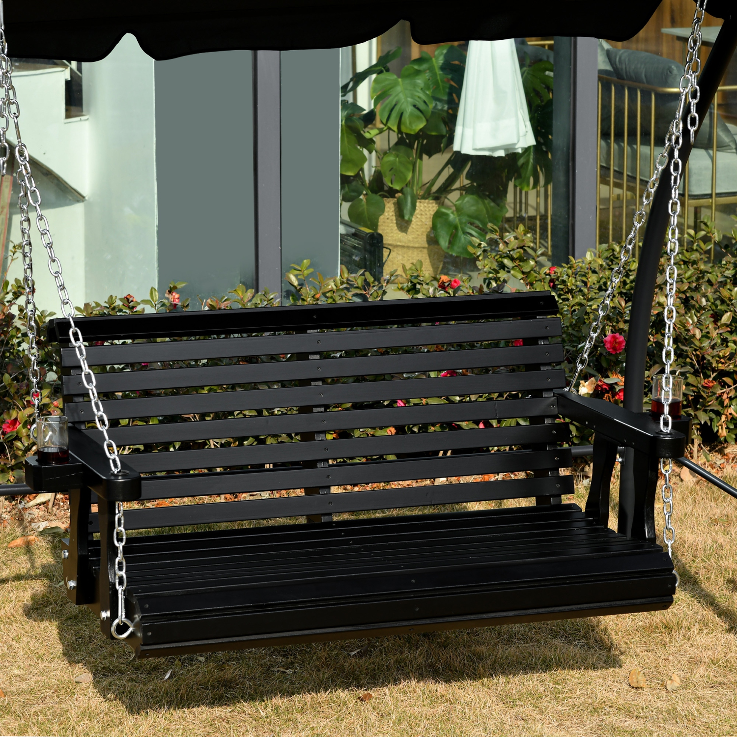 Outsunny 2 Seater Porch Swing Wooden Patio Swing Chair Seat with Cup Holder and Chains Outdoor Swing Bench for Garden Yard, Black