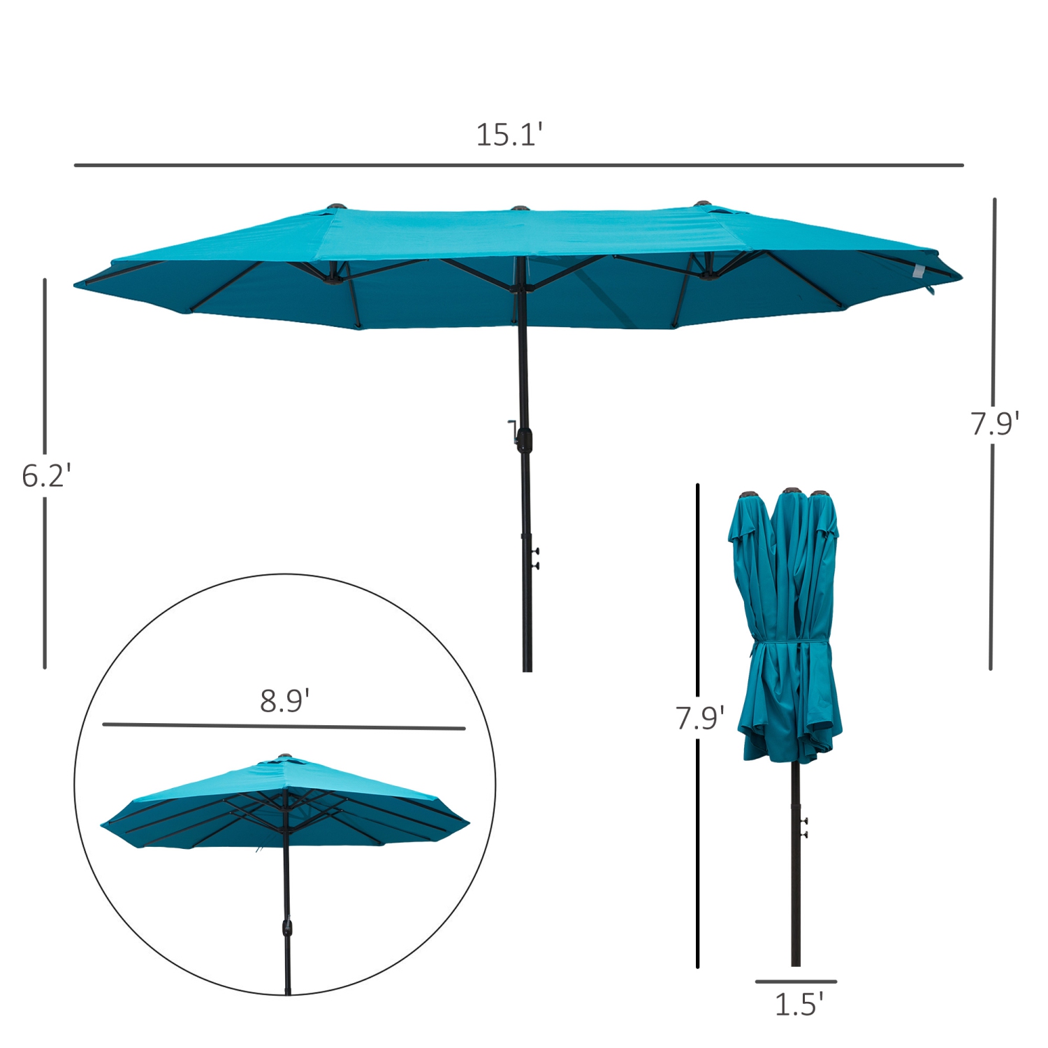 Parasol de patio de 15ft pi à deux côtés avec auvent simple Outsunny, parasol très grand avec manivelle pour la piscine, la terrasse, le marché, bleu
