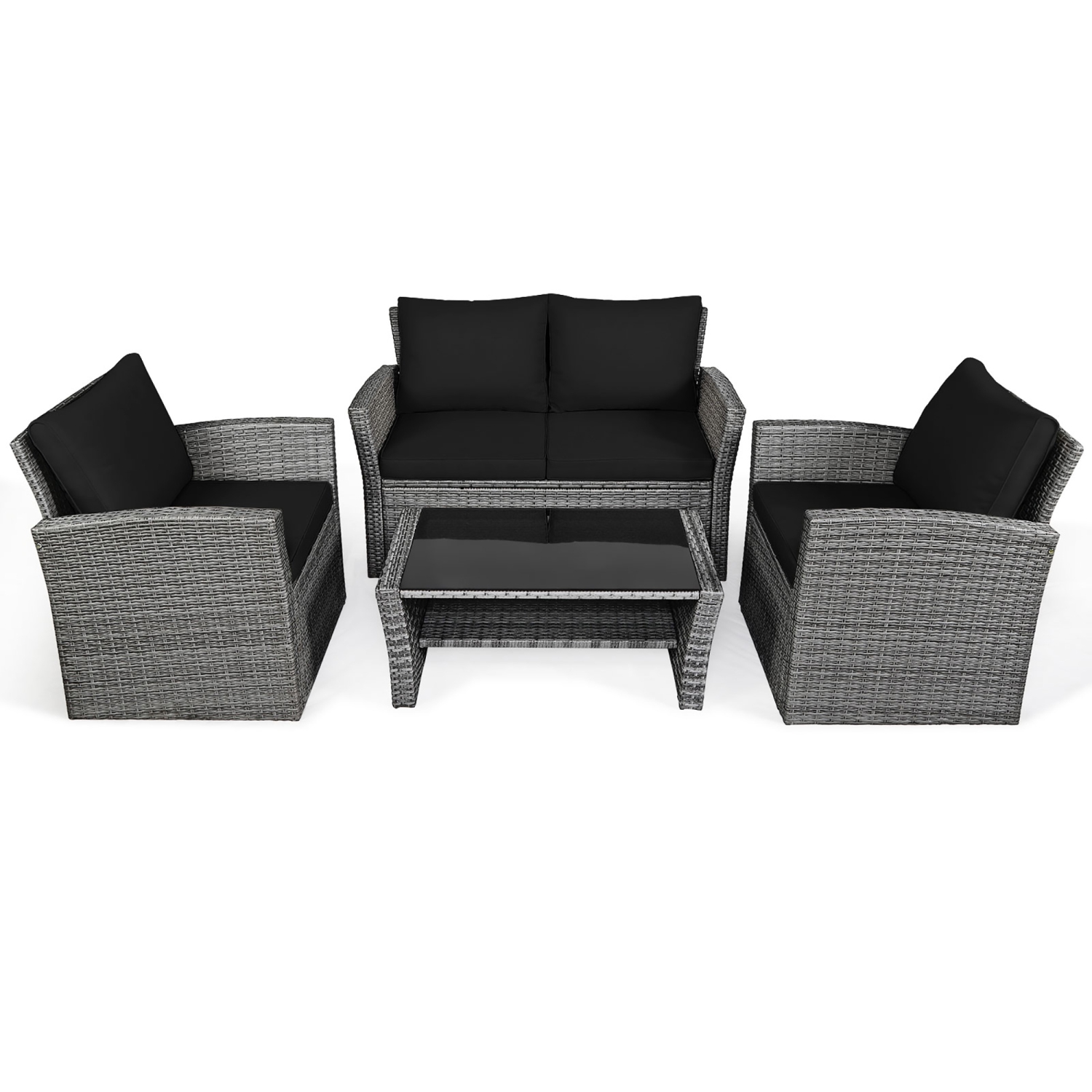 Costway 4PCS Patio Set Rattan Furniture Set Sofa Table Storage Shelf with Cushion