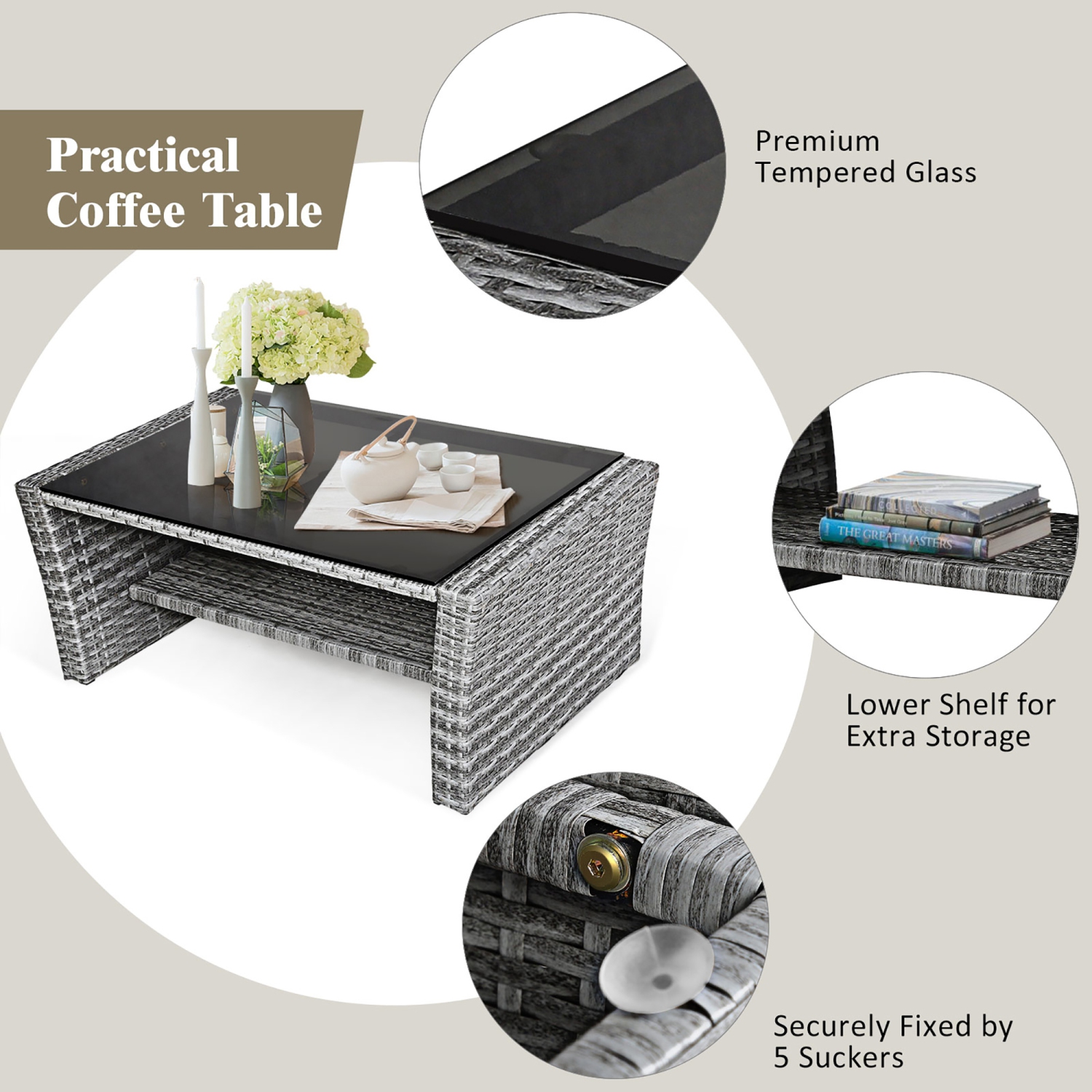 Costway 4PCS Patio Set Rattan Furniture Set Sofa Table Storage Shelf with Cushion