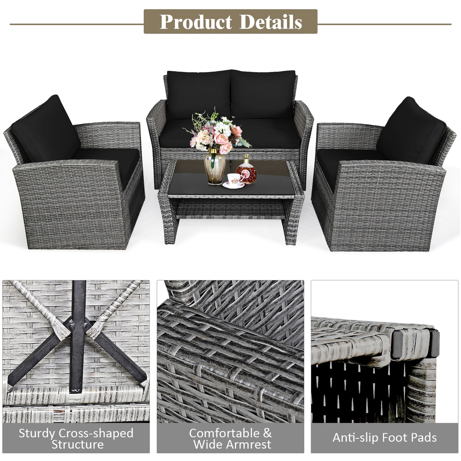 Costway 4PCS Patio Set Rattan Furniture Set Sofa Table Storage Shelf with Cushion