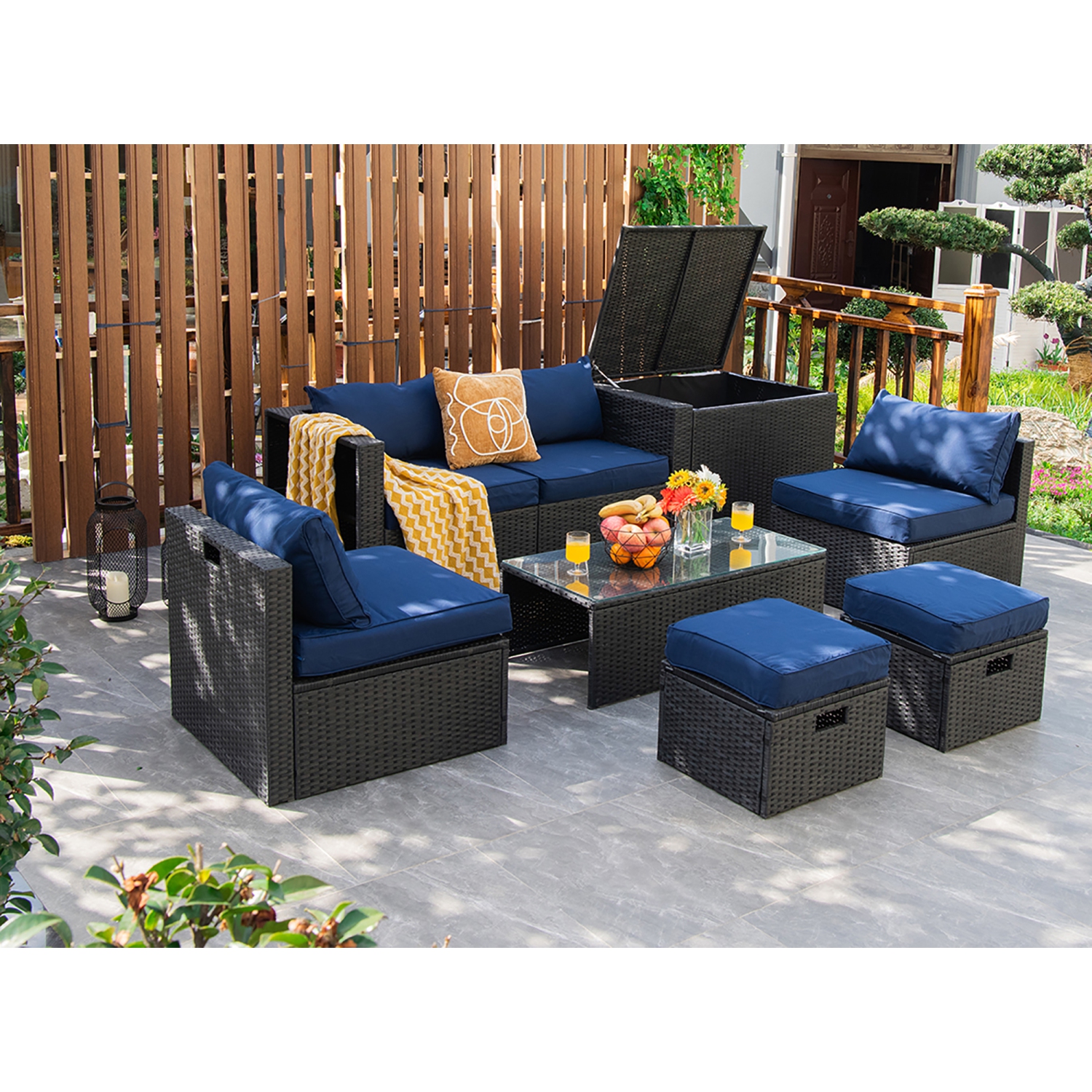Costway 8PCS Patio Rattan Furniture Set Storage Table Ottoman
