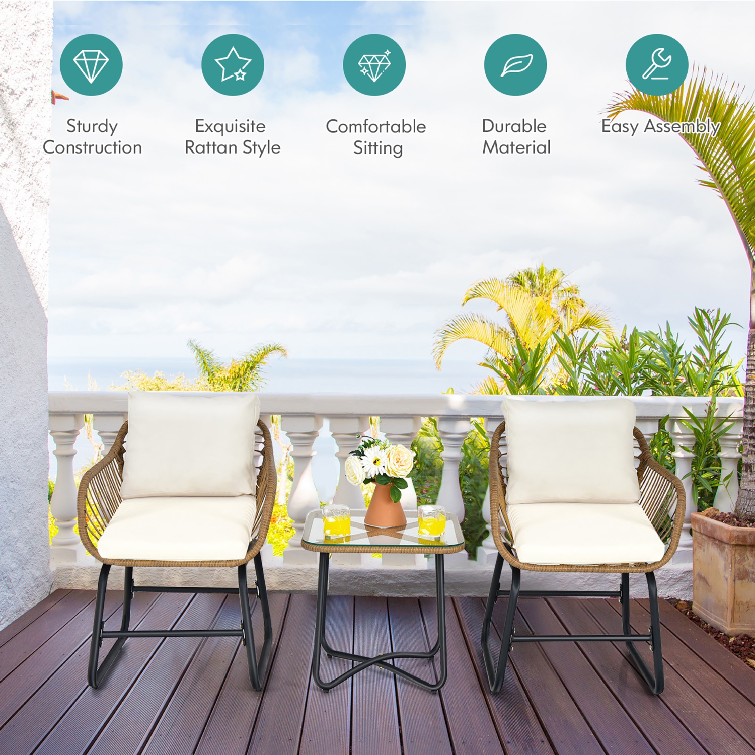 Costway 3PCS Patio Rattan Bistro Set All-Weather Cushioned Chair Table White