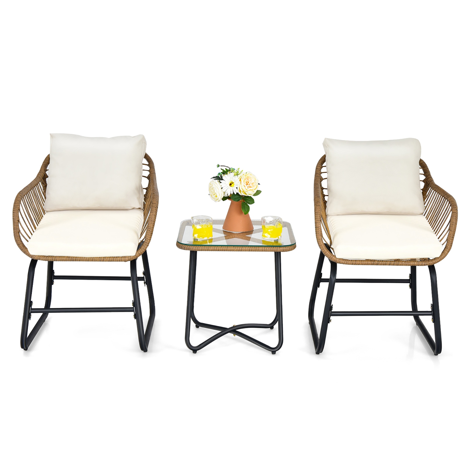 Costway 3PCS Patio Rattan Bistro Set All-Weather Cushioned Chair Table White