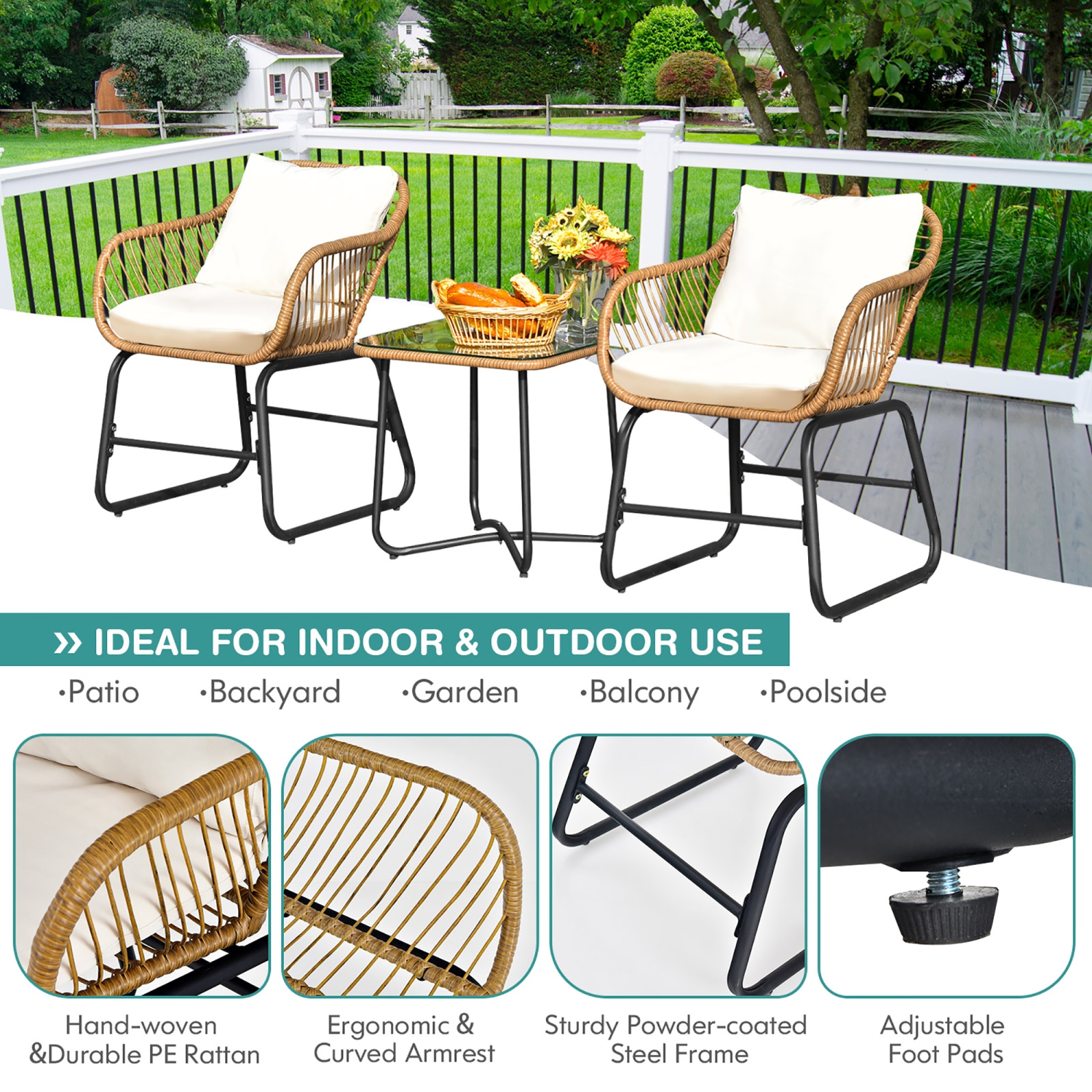 Costway 3PCS Patio Rattan Bistro Set All-Weather Cushioned Chair Table White