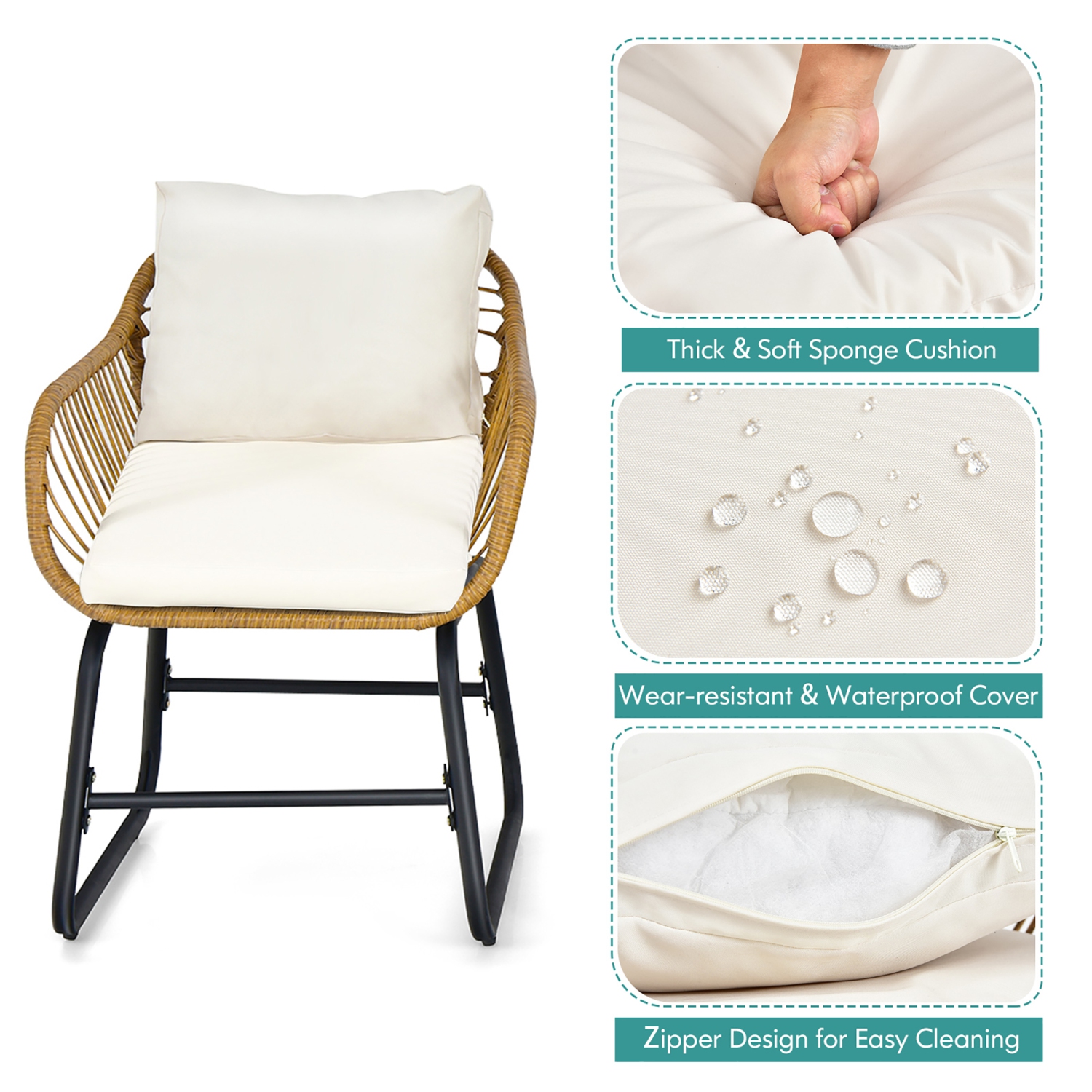 Costway 3PCS Patio Rattan Bistro Set All-Weather Cushioned Chair Table White