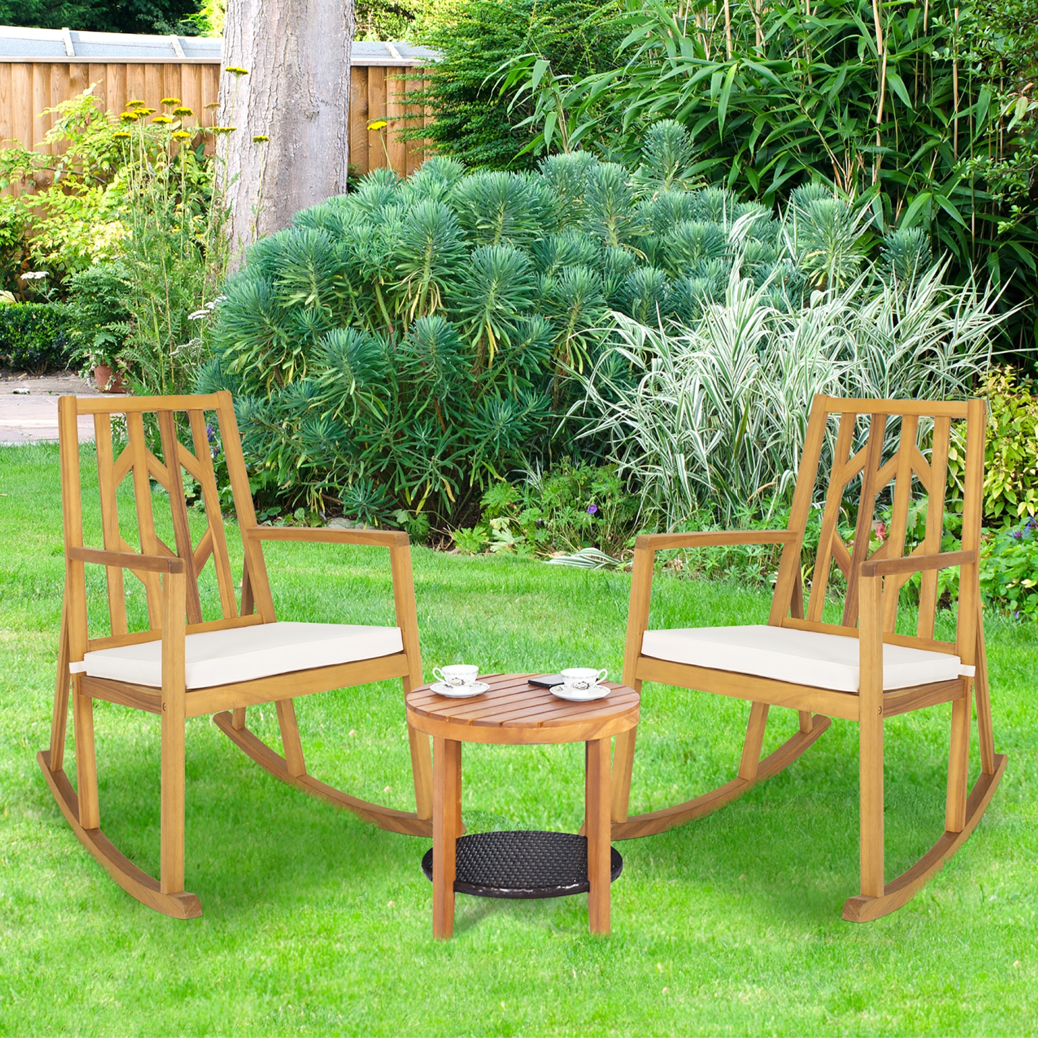 Marque Costway Patio Rocking Chair Accoudoir en bois d'acacia Canapé rembourré Terrasse de jardin Rouge
