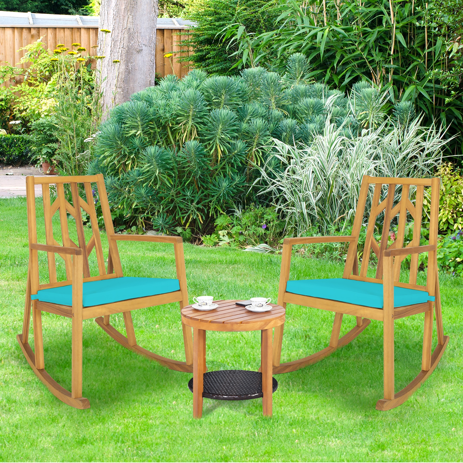 Marque Costway Patio Rocking Chair Accoudoir en bois d'acacia Canapé rembourré Terrasse de jardin Rouge