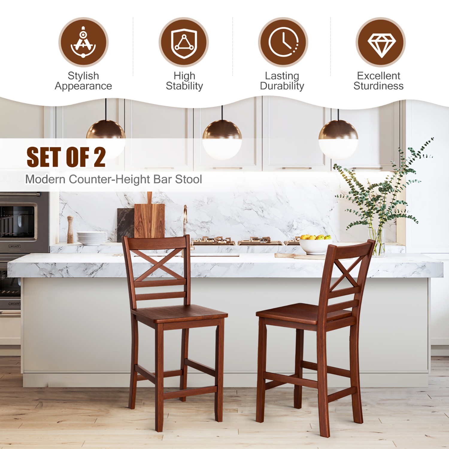 Costway Set of 2 Bar Stools 24" Counter Height Chairs w/ Rubber Wood Legs Walnut