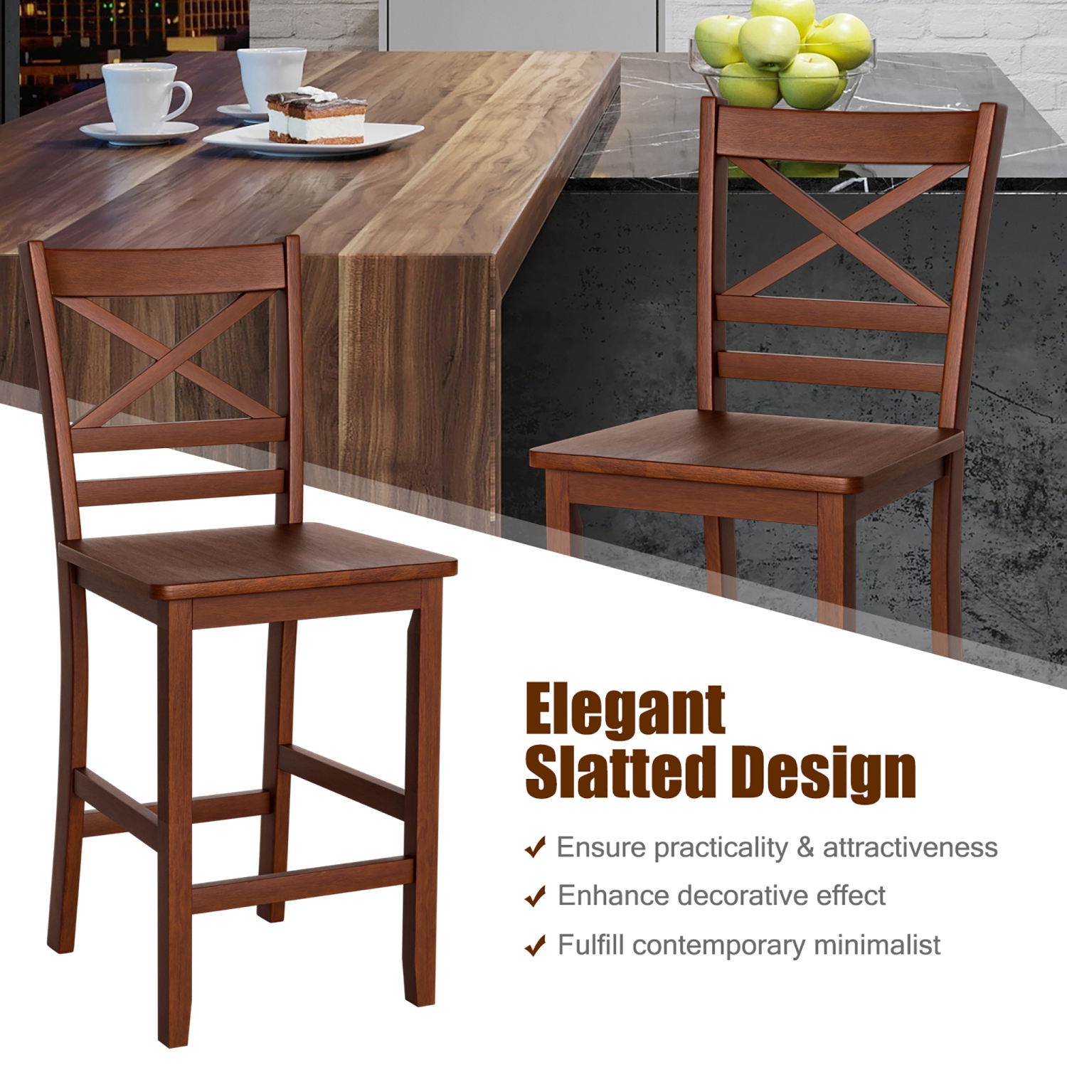 Costway Set of 2 Bar Stools 24" Counter Height Chairs w/ Rubber Wood Legs Walnut