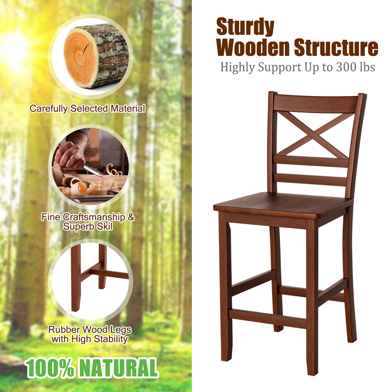 Costway Set of 2 Bar Stools 24" Counter Height Chairs w/ Rubber Wood Legs Walnut