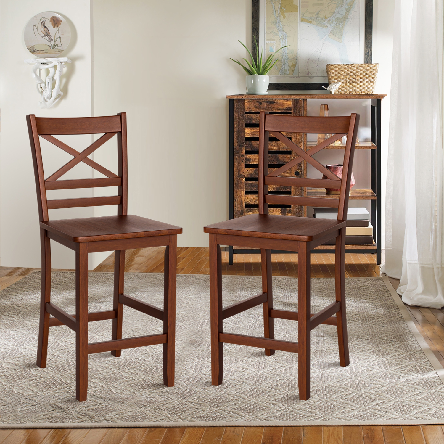 Costway Set of 4 Bar Stools 24" Counter Height Chairs w/ Rubber Wood Legs Walnut