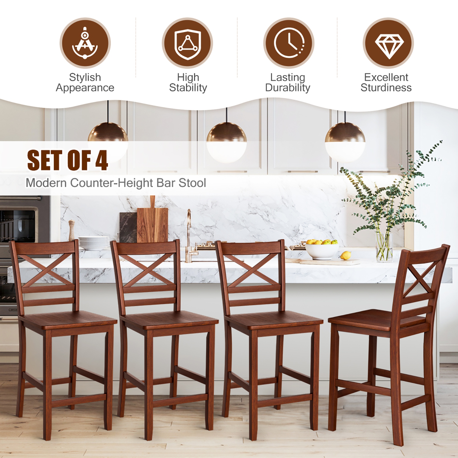 Costway Set of 4 Bar Stools 24" Counter Height Chairs w/ Rubber Wood Legs Walnut