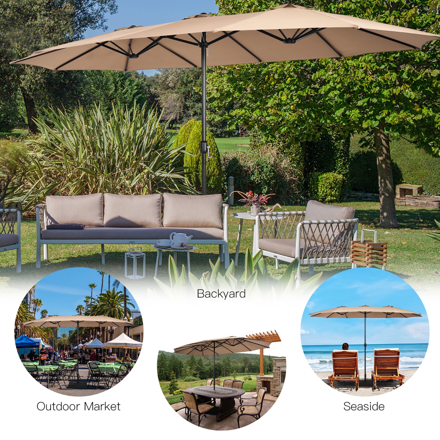 Costway 15FT Double-Sided Twin Patio Umbrella Outdoor Market W/ Crank & Base