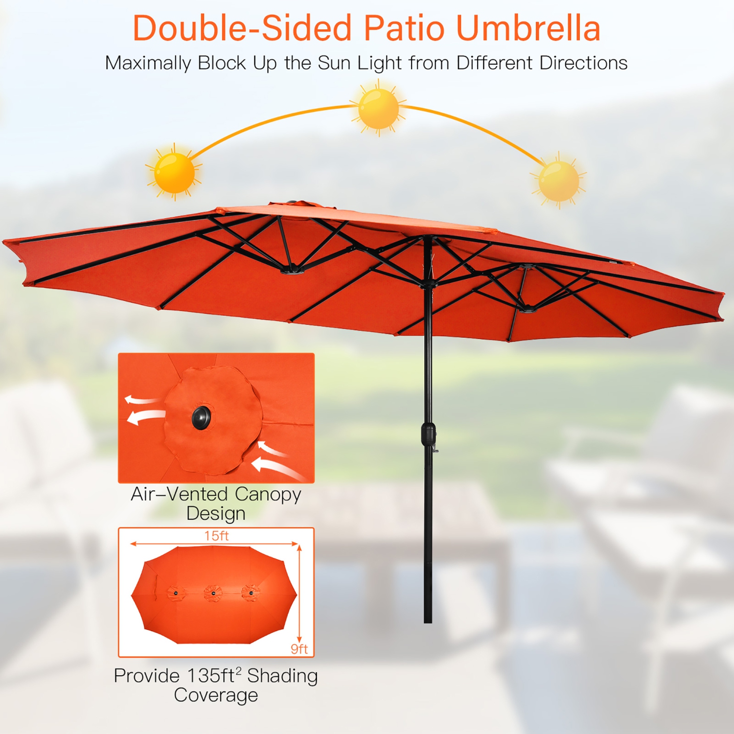 Costway 15FT Double-Sided Twin Patio Umbrella Outdoor Market W/ Crank & Base