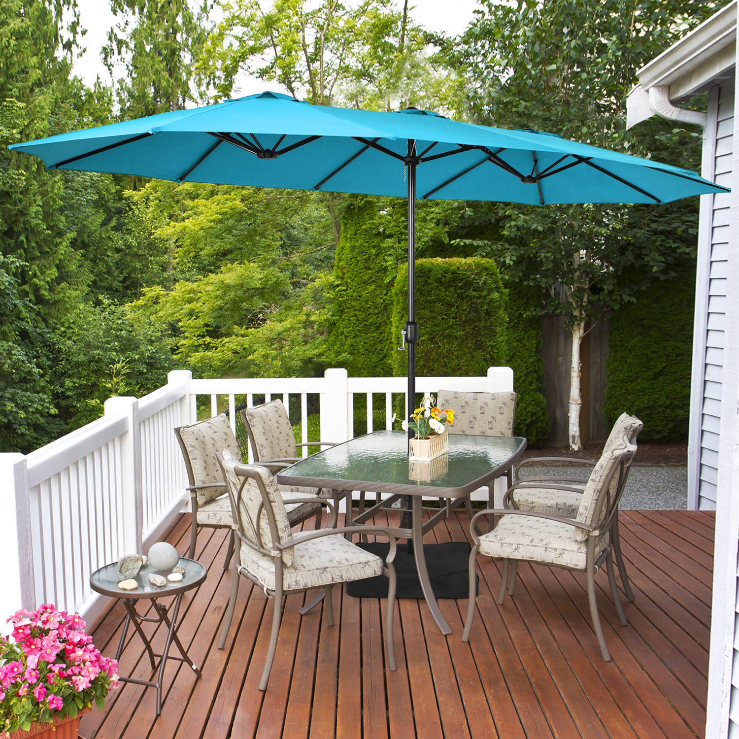 Parasol double de 4.57 m pour patio Costway, avec manivelle et base pour l’extérieur