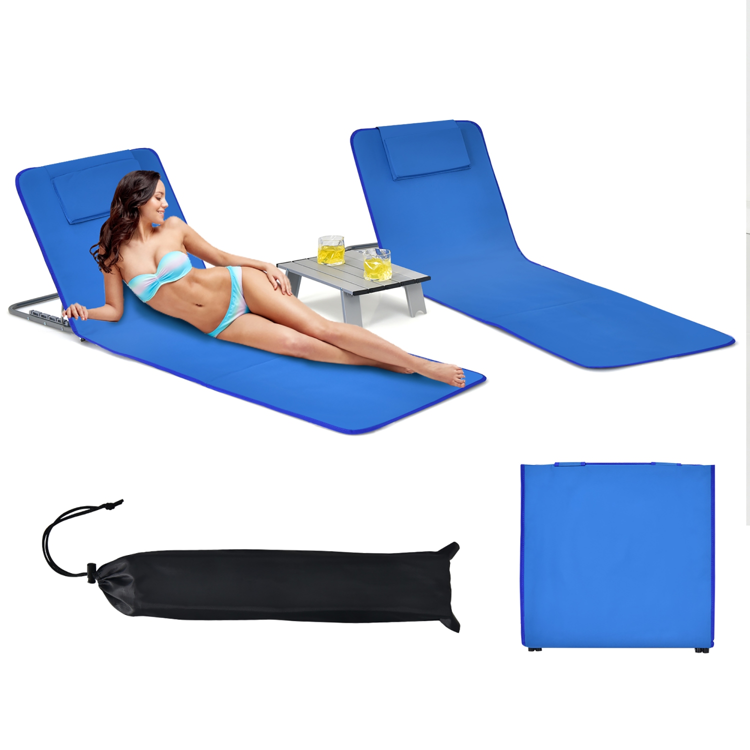 Costway 3-Piece Beach Lounge Chair Mat Set 2 Adjustable Lounge Chairs with Table