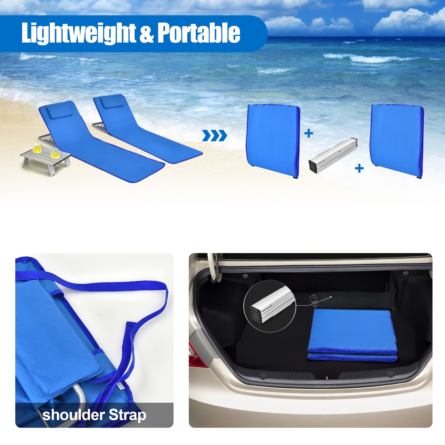 Costway 3-Piece Beach Lounge Chair Mat Set 2 Adjustable Lounge Chairs with Table