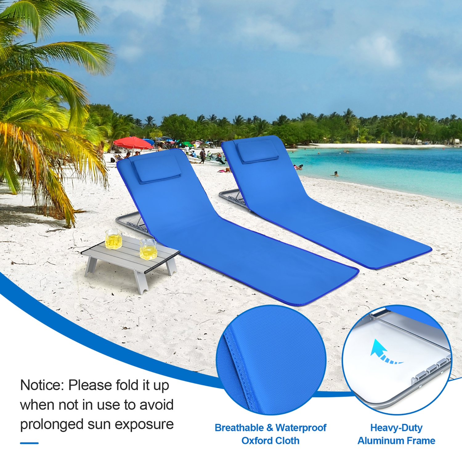 Costway 3-Piece Beach Lounge Chair Mat Set 2 Adjustable Lounge Chairs with Table