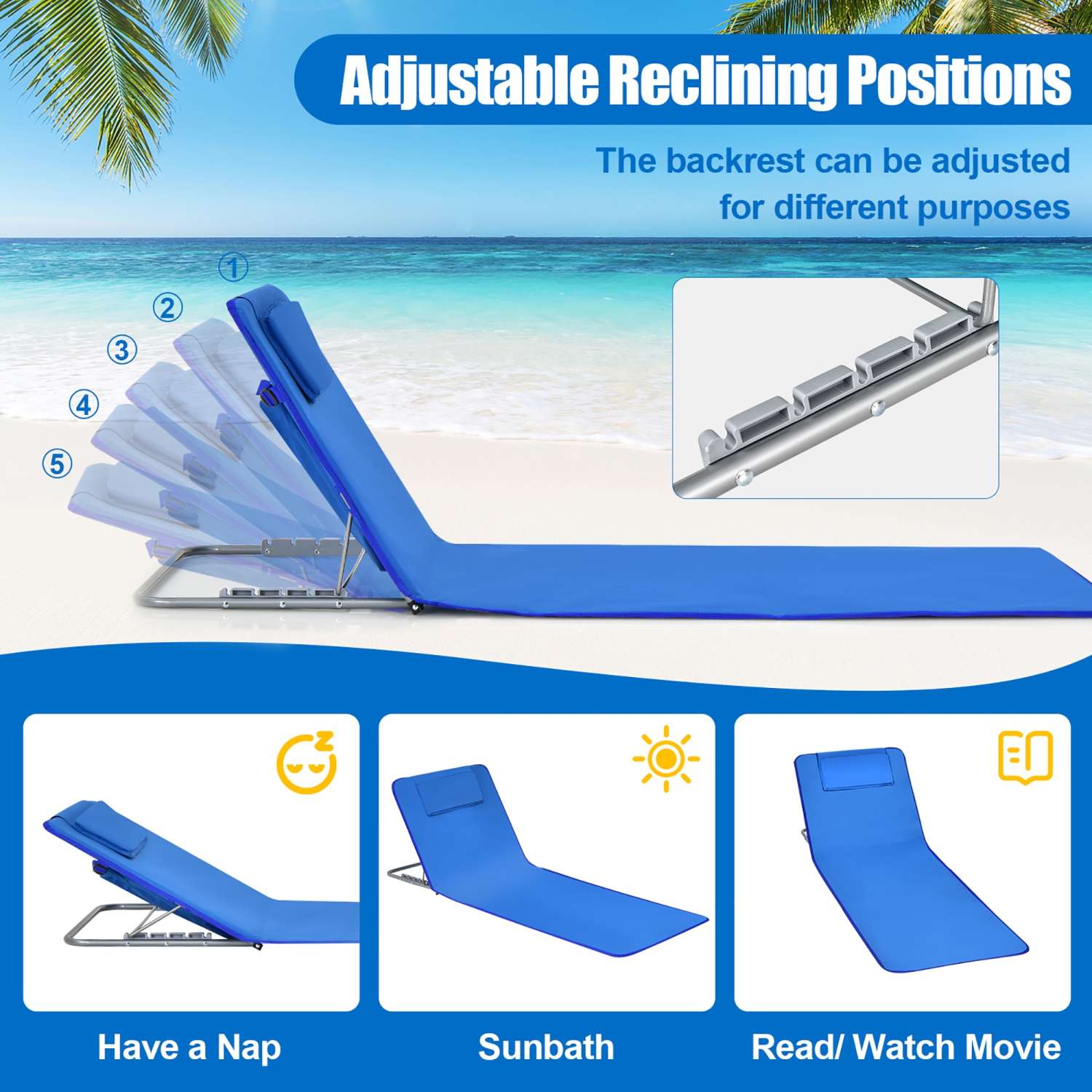 Costway 3-Piece Beach Lounge Chair Mat Set 2 Adjustable Lounge Chairs with Table