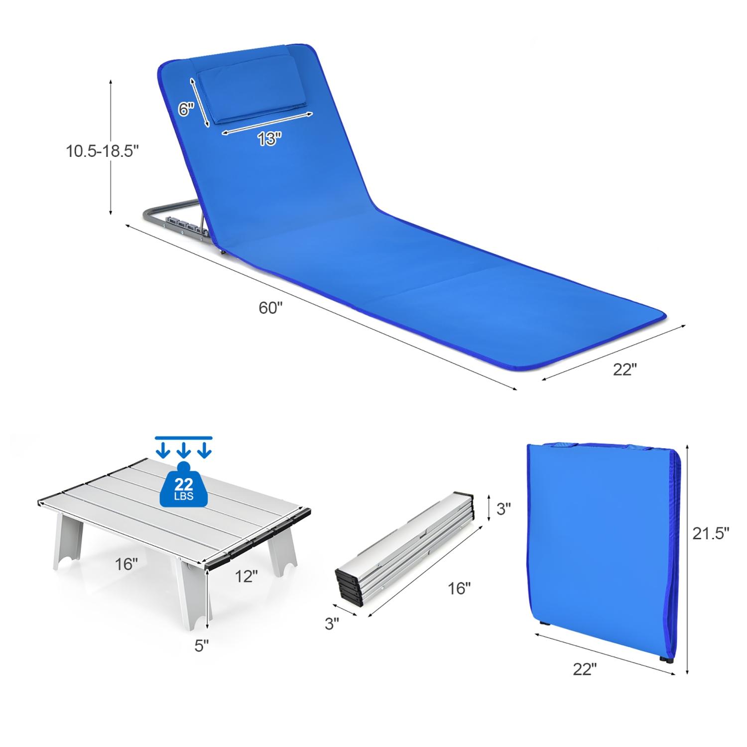 Costway 3-Piece Beach Lounge Chair Mat Set 2 Adjustable Lounge Chairs with Table