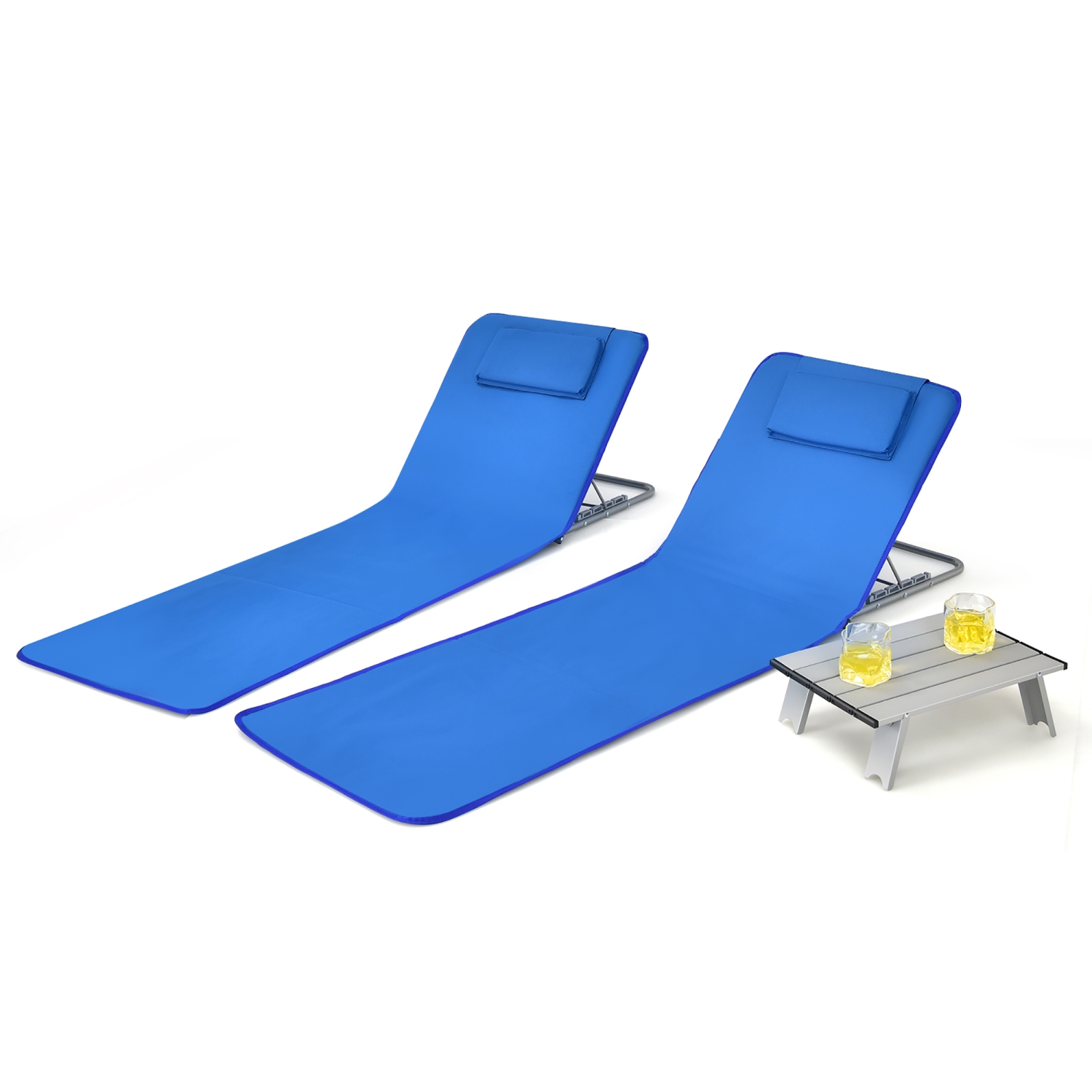 Costway 3-Piece Beach Lounge Chair Mat Set 2 Adjustable Lounge Chairs with Table