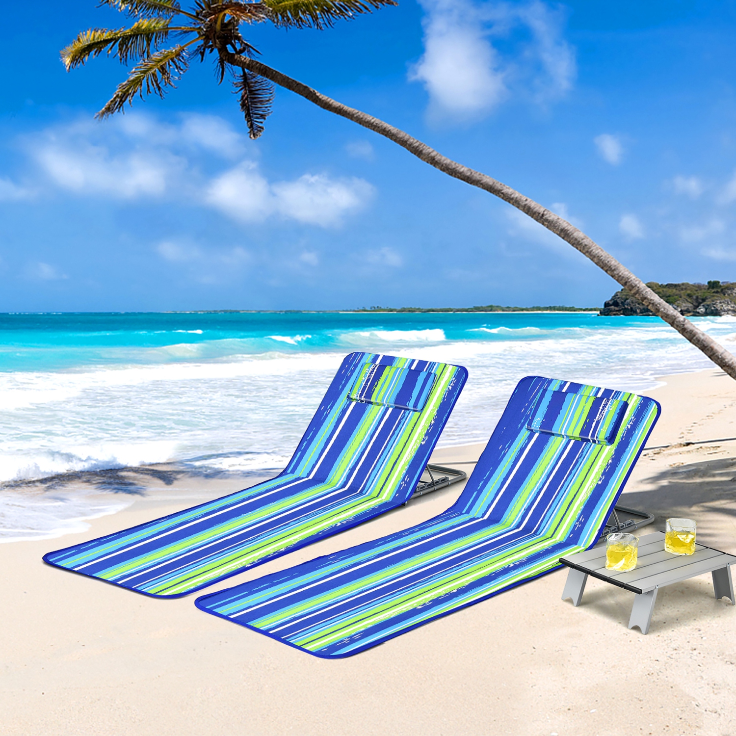 Costway 3-Piece Beach Lounge Chair Mat Set 2 Adjustable Lounge Chairs with Table