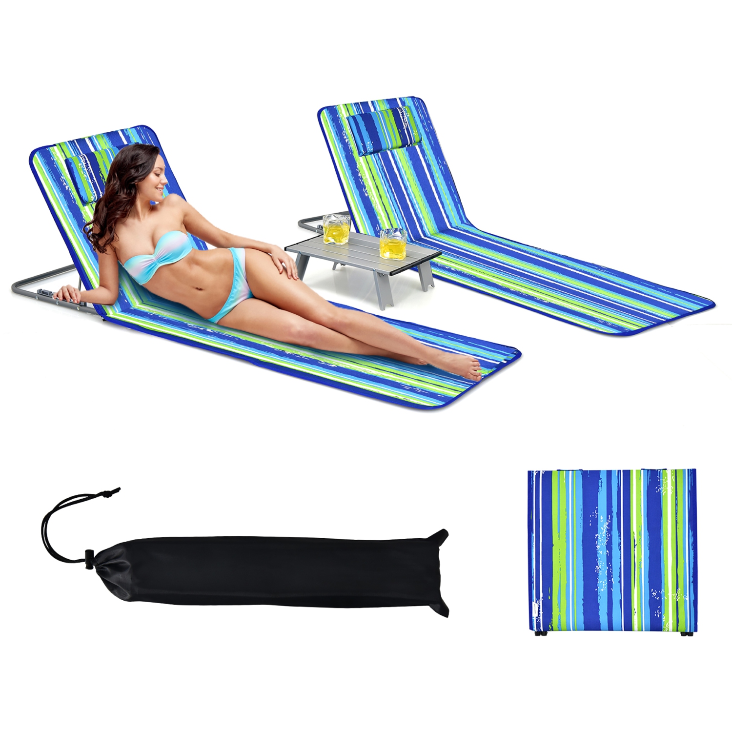 Costway 3-Piece Beach Lounge Chair Mat Set 2 Adjustable Lounge Chairs with Table