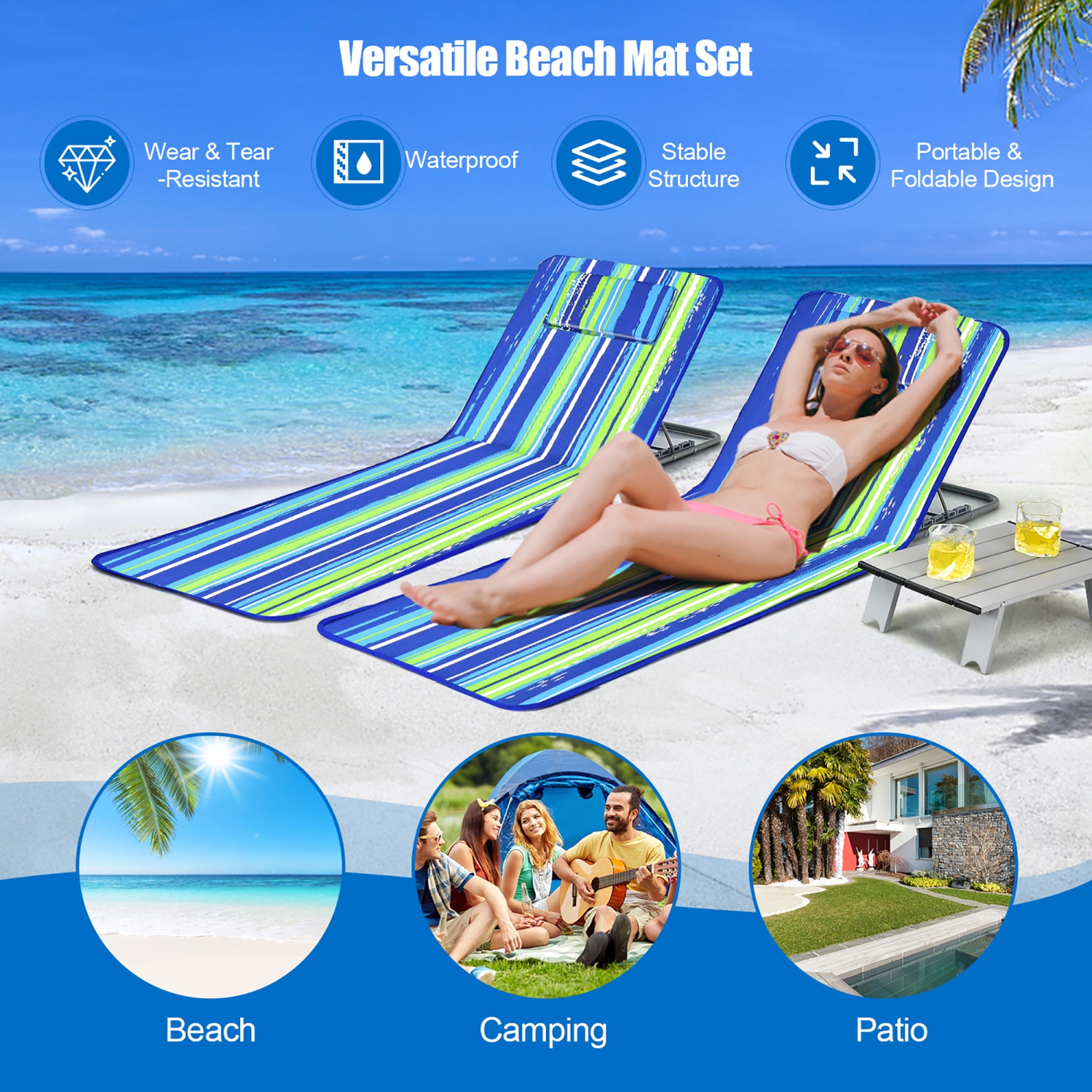 Costway 3-Piece Beach Lounge Chair Mat Set 2 Adjustable Lounge Chairs with Table