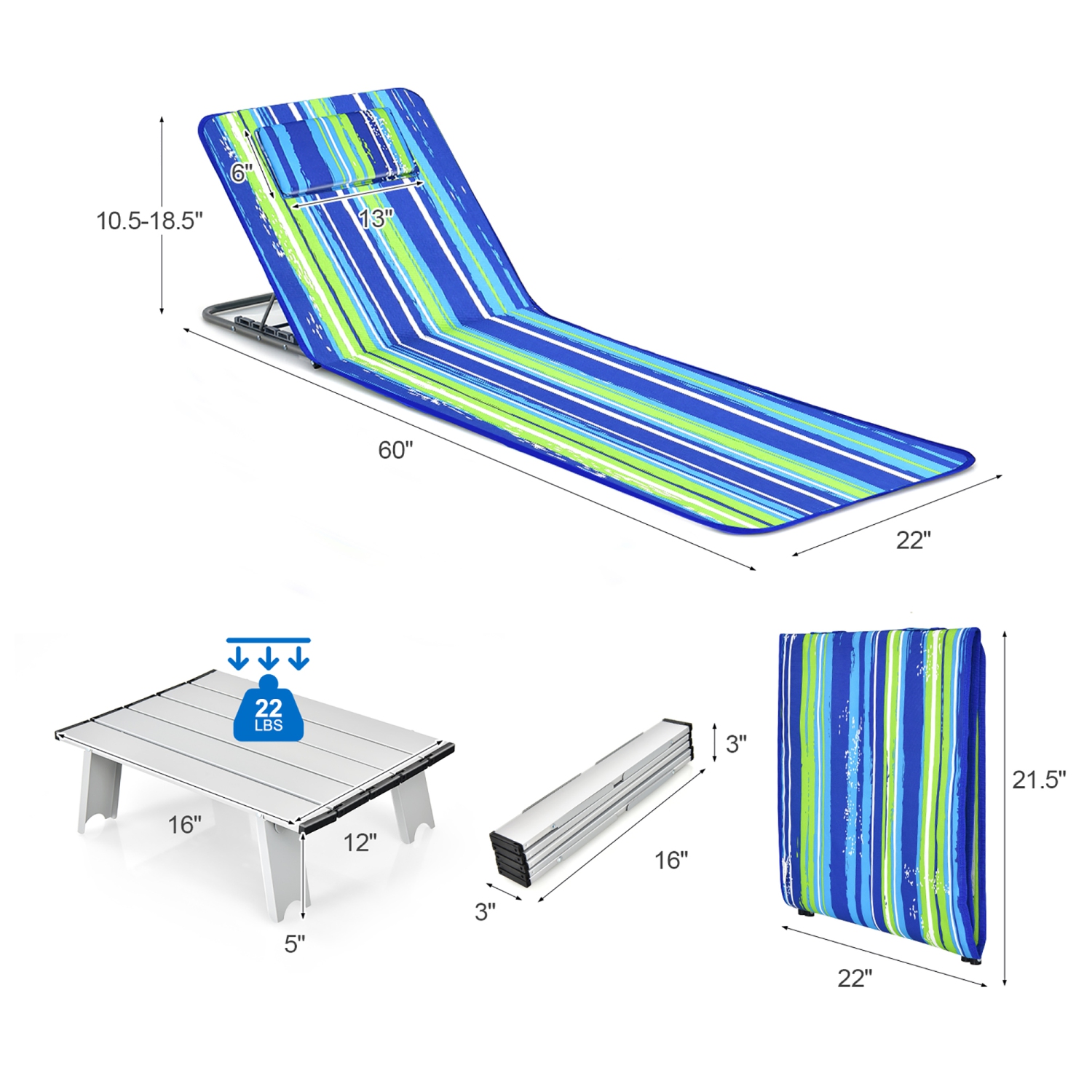 Costway 3-Piece Beach Lounge Chair Mat Set 2 Adjustable Lounge Chairs with Table