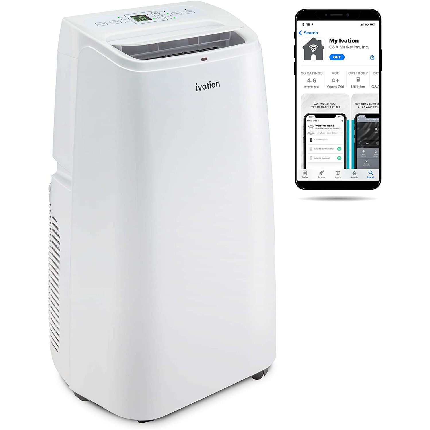 Ivation 10,000 BTU Portable Air Conditioner with Wi-Fi for Rooms Up to 350 Sq Ft (6,500 BTU SACC) 3-in-1 Smart App Control Cooling System, Dehumidifier and Fan with Remote, Exhaust
