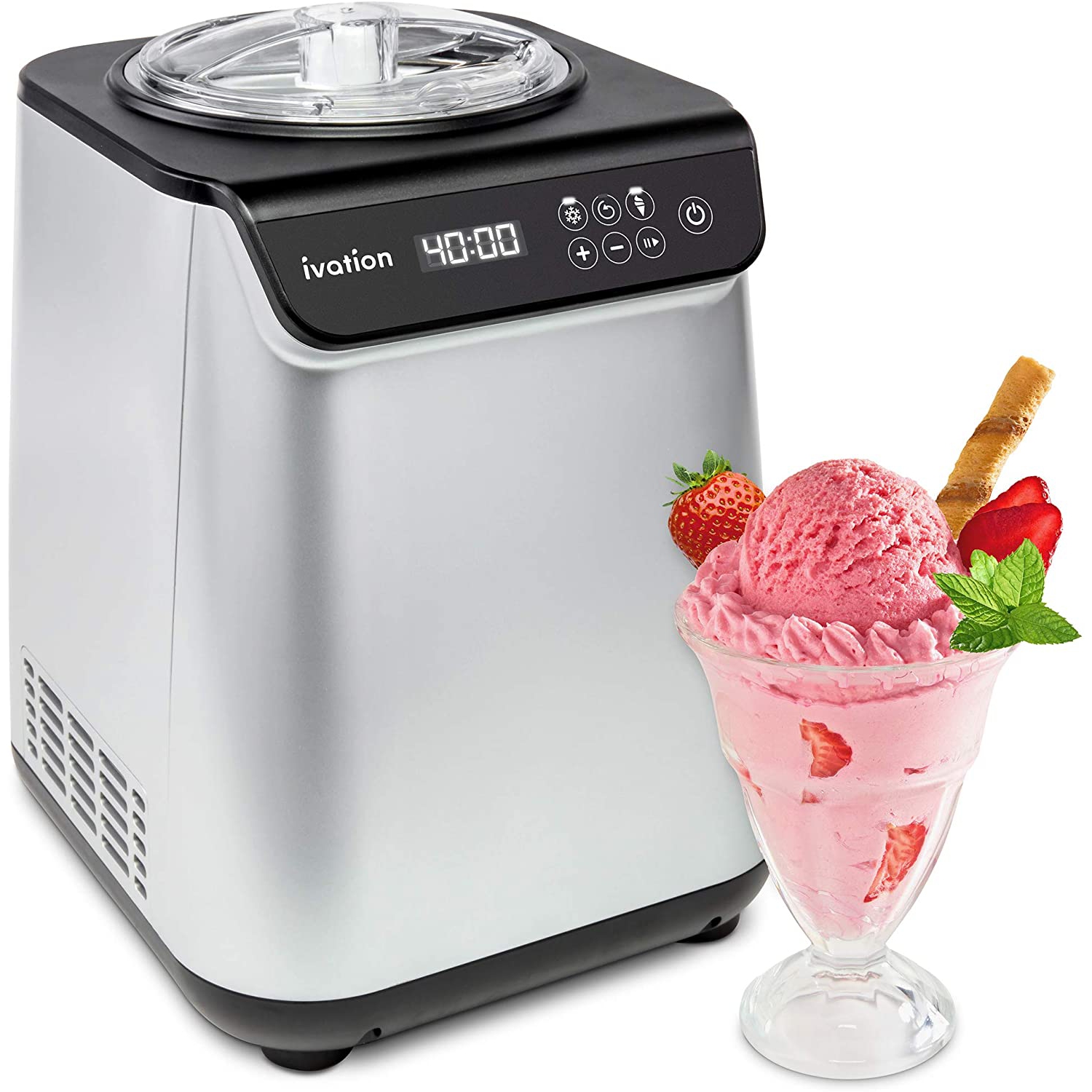 Ivation Compressor Ice Cream Maker Machine, Automatic Instant Gelato Maker, No Pre-freezing, Lcd Screen, Timer, Removable Bowl Clear Lid, Recipe Book