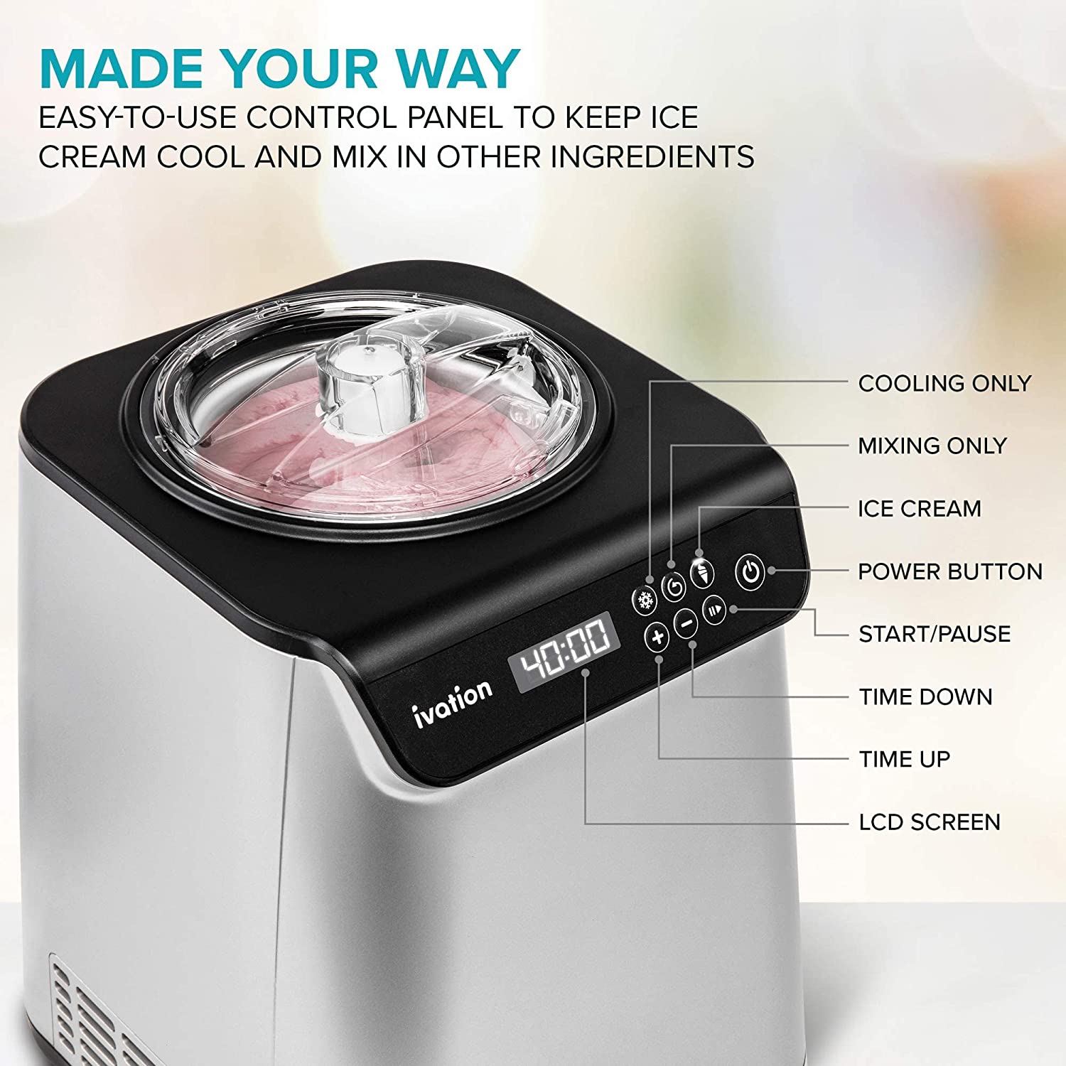 Ivation Compressor Ice Cream Maker Machine, Automatic Instant Gelato Maker, No Pre-freezing, Lcd Screen, Timer, Removable Bowl Clear Lid, Recipe Book