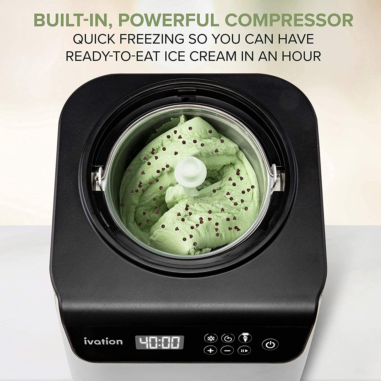 Ivation Compressor Ice Cream Maker Machine, Automatic Instant Gelato Maker, No Pre-freezing, Lcd Screen, Timer, Removable Bowl Clear Lid, Recipe Book