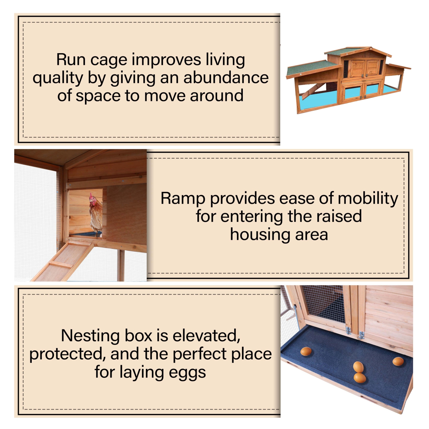 Wooden Chicken Coop with Dual Ramp, Run Cage, and 2 Nesting Boxes - 5.9 x 2 x 2.4 Feet