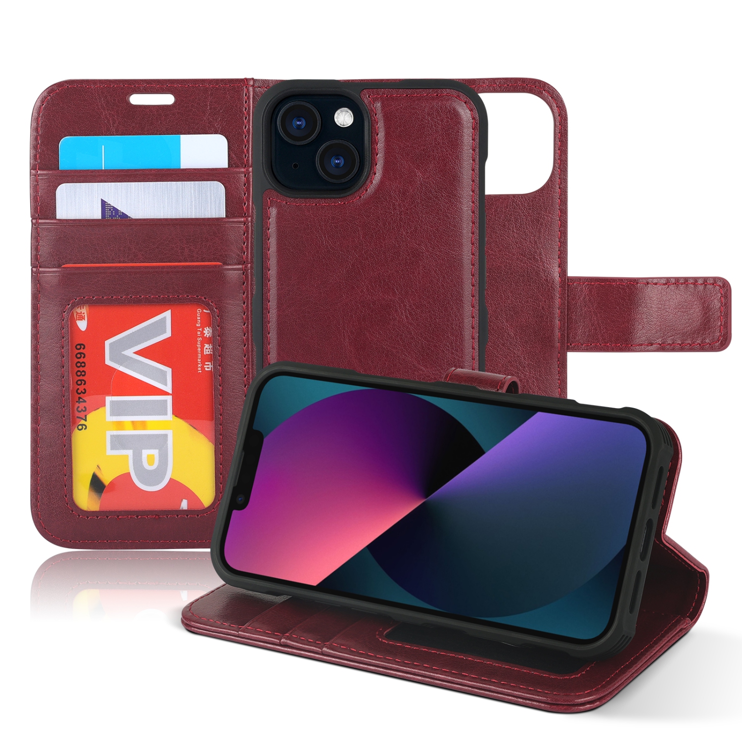 navor Detachable Magnetic Wallet Case with Wrist Strap Compatible with iPhone 13 [6.1 inch] [Folio], RFID Protection Kickstand -Maroon