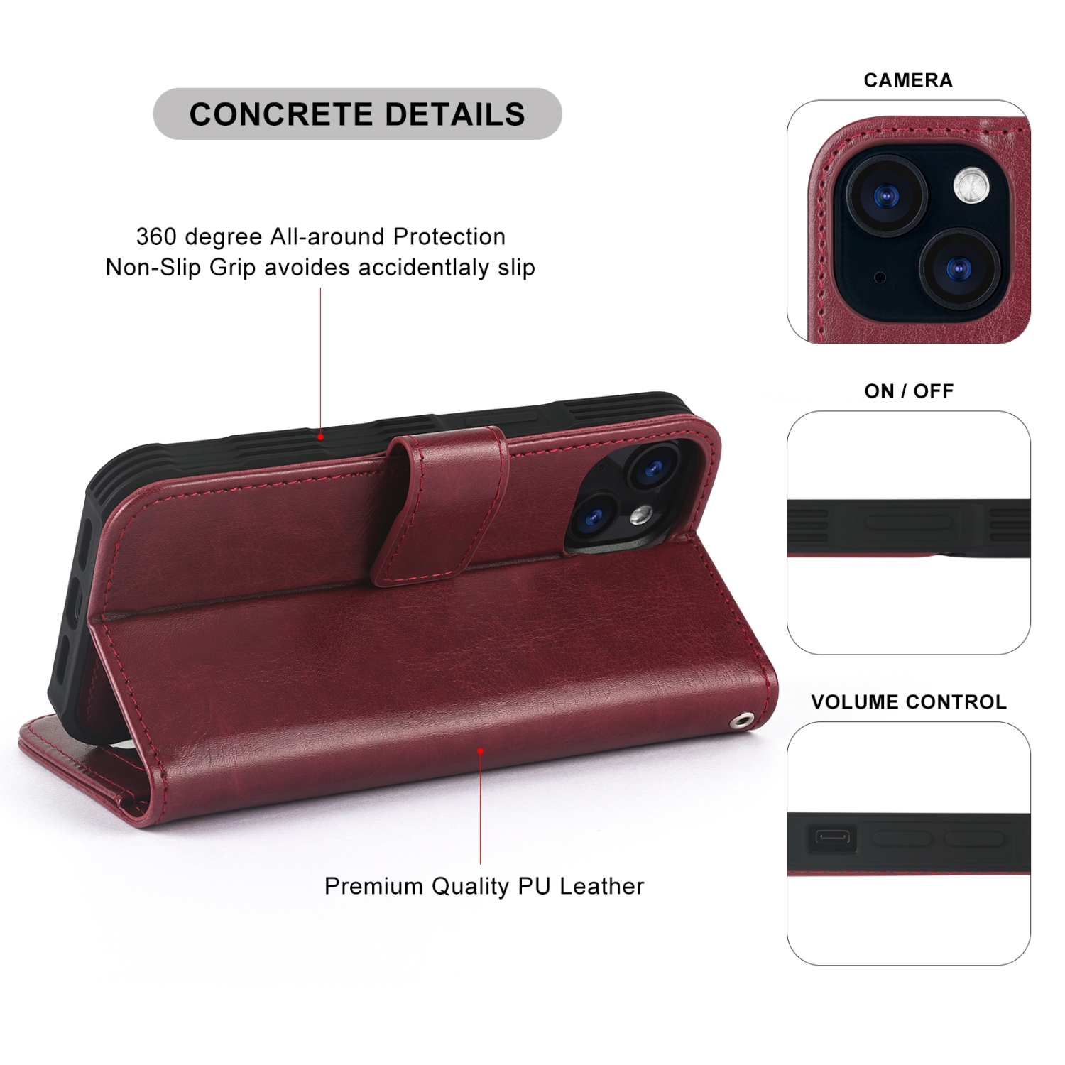 navor Detachable Magnetic Wallet Case with Wrist Strap Compatible with iPhone 13 [6.1 inch] [Folio], RFID Protection Kickstand -Maroon