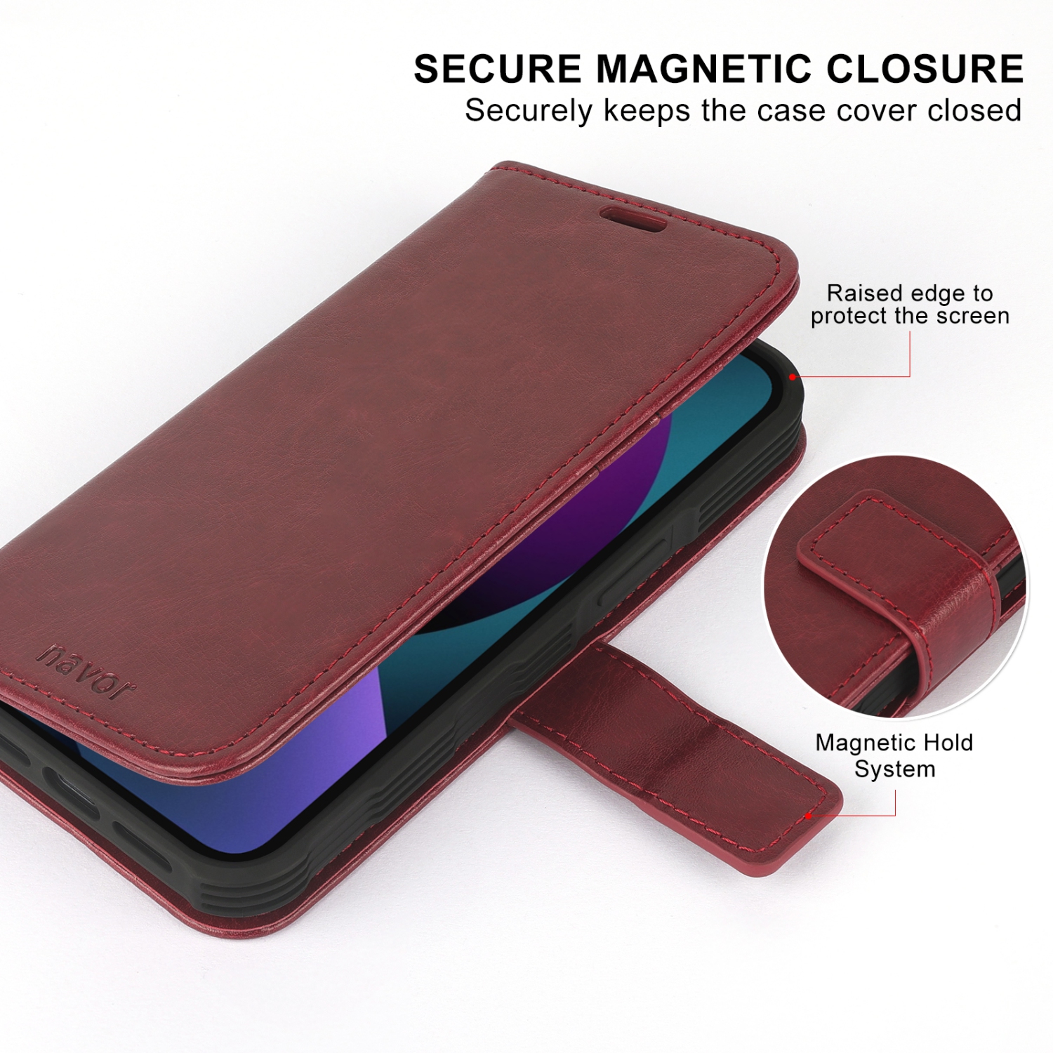 navor Detachable Magnetic Wallet Case with Wrist Strap Compatible with iPhone 13 [6.1 inch] [Folio], RFID Protection Kickstand -Maroon