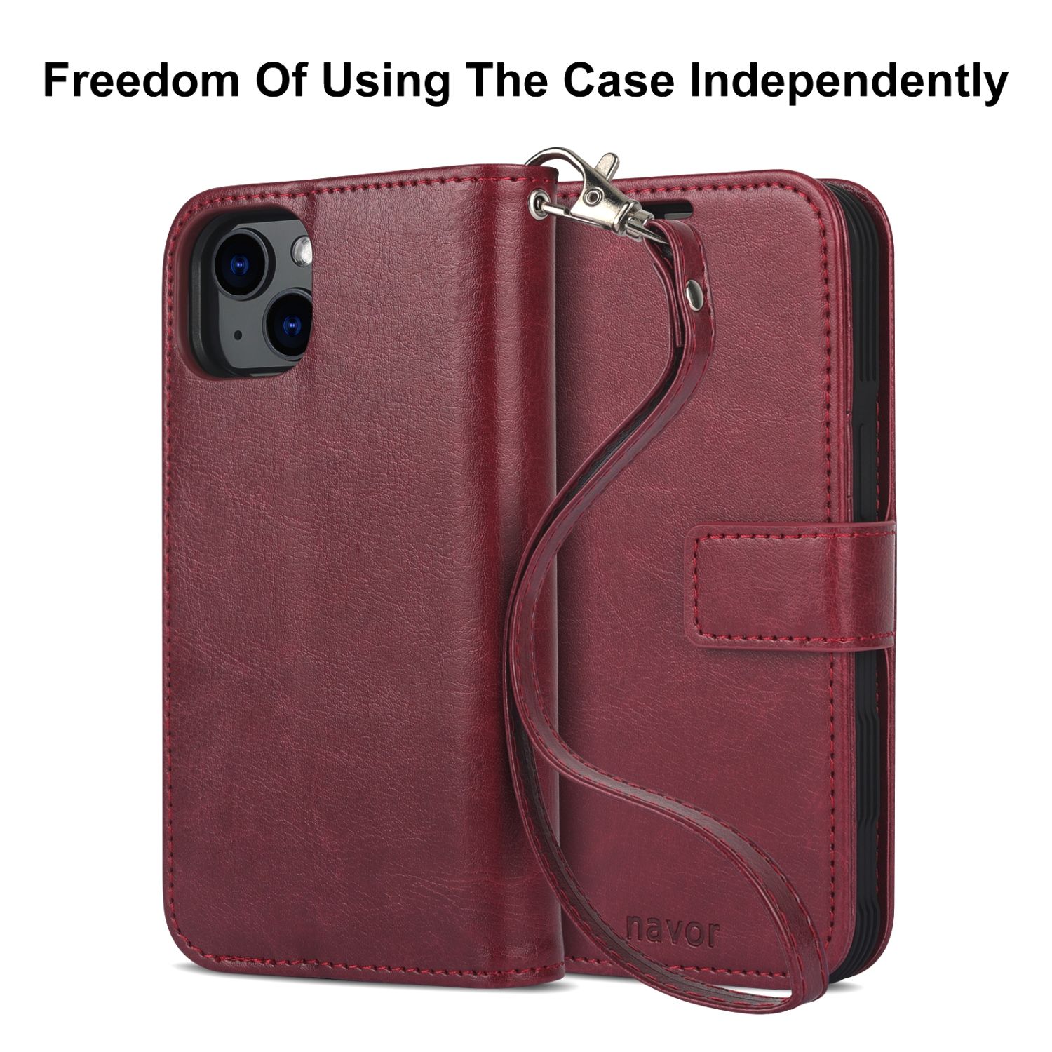 navor Detachable Magnetic Wallet Case with Wrist Strap Compatible with iPhone 13 [6.1 inch] [Folio], RFID Protection Kickstand -Maroon
